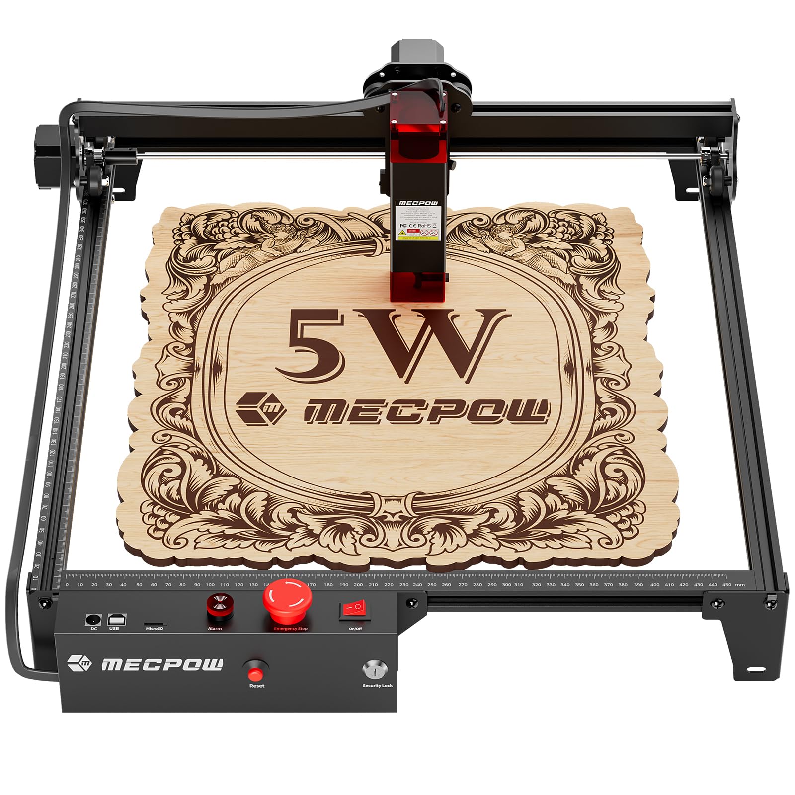 Mecpow X3/X3 Pro Grabador Laser con Aire Asistencia,5W/10W CNC Cortadora Laser para Metal y Madera, 60W Grabadora Láser 10000mm/min con Parada de Emergencia, Detección de Llama y Giroscopio, 410 x 400mm