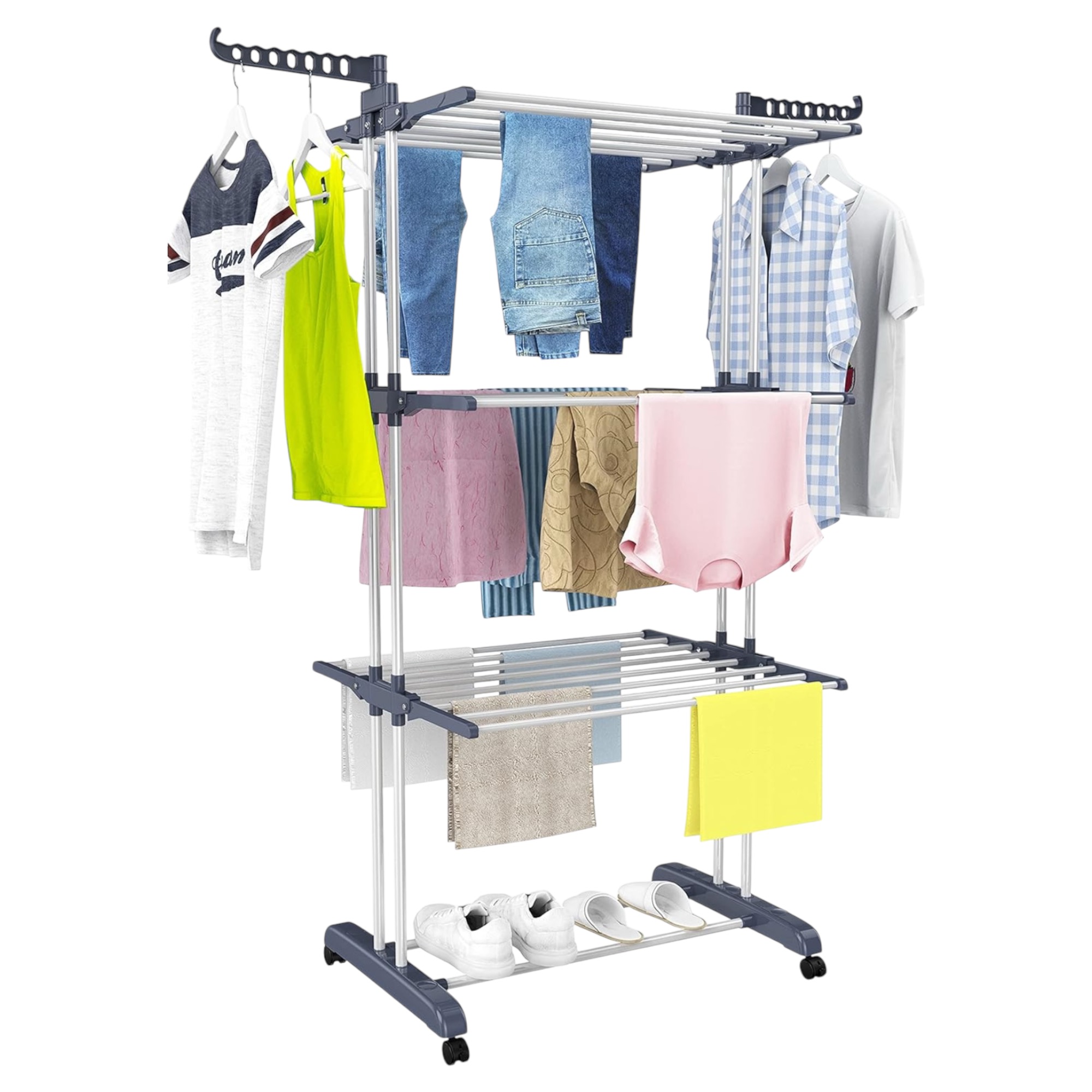 Tendedero Plegable Mikomika de Acero Inoxidable para Ropa, 4 Niveles con Alas Laterales, 6 Bandejas Retráctiles, 35 kg de Capacidad, 4 Ruedas 360° y Diseño Plegable para Ahorrar Espacio (4P-001 2590 D1)
