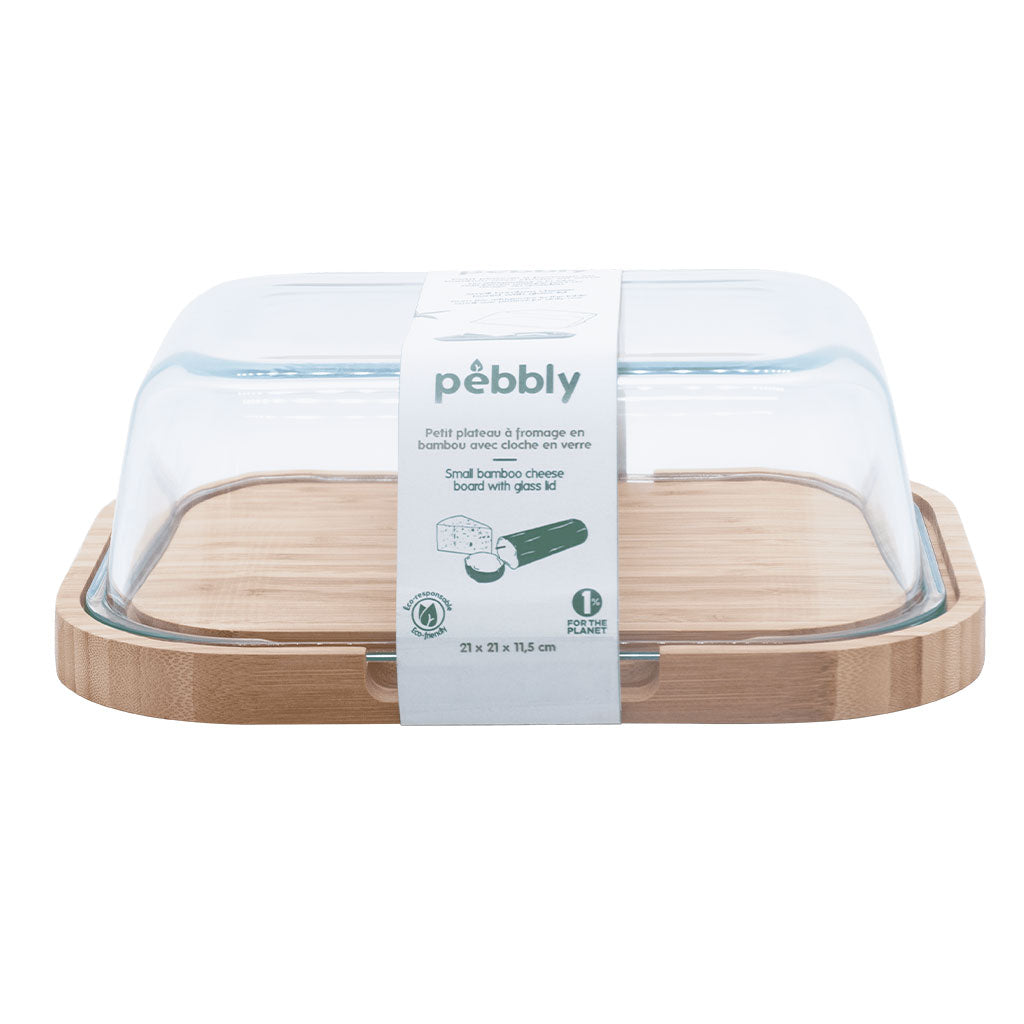 Pebbly - Quesera de alta calidad con tapa de cristal transparente y soporte de bambú resistente a la humedad, perfecta para almacenar y servir 2–3 quesos frescos manteniendo su sabor y textura, diseño rústico y funcional