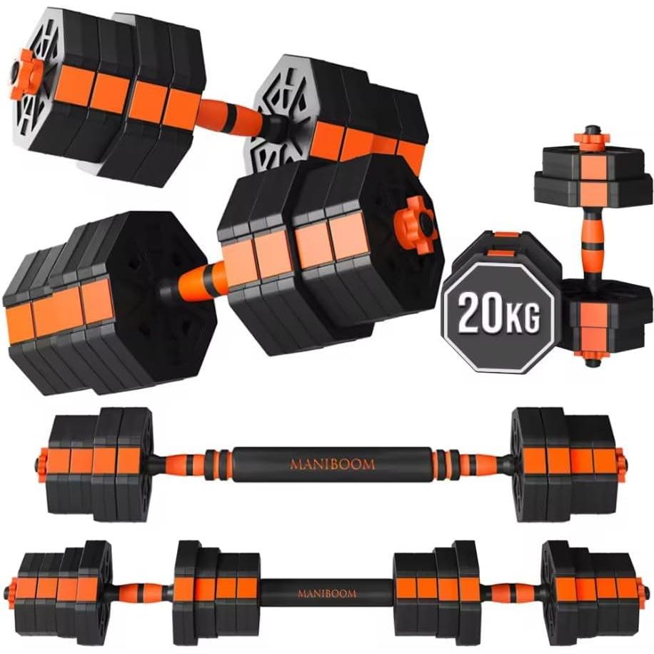 Mancuernas ajustables 2 en 1 de 10 kg a 50 kg - juego de pesas con discos recubiertos, barra recta antideslizante para gimnasio, fitness y musculación. MANIBOOM