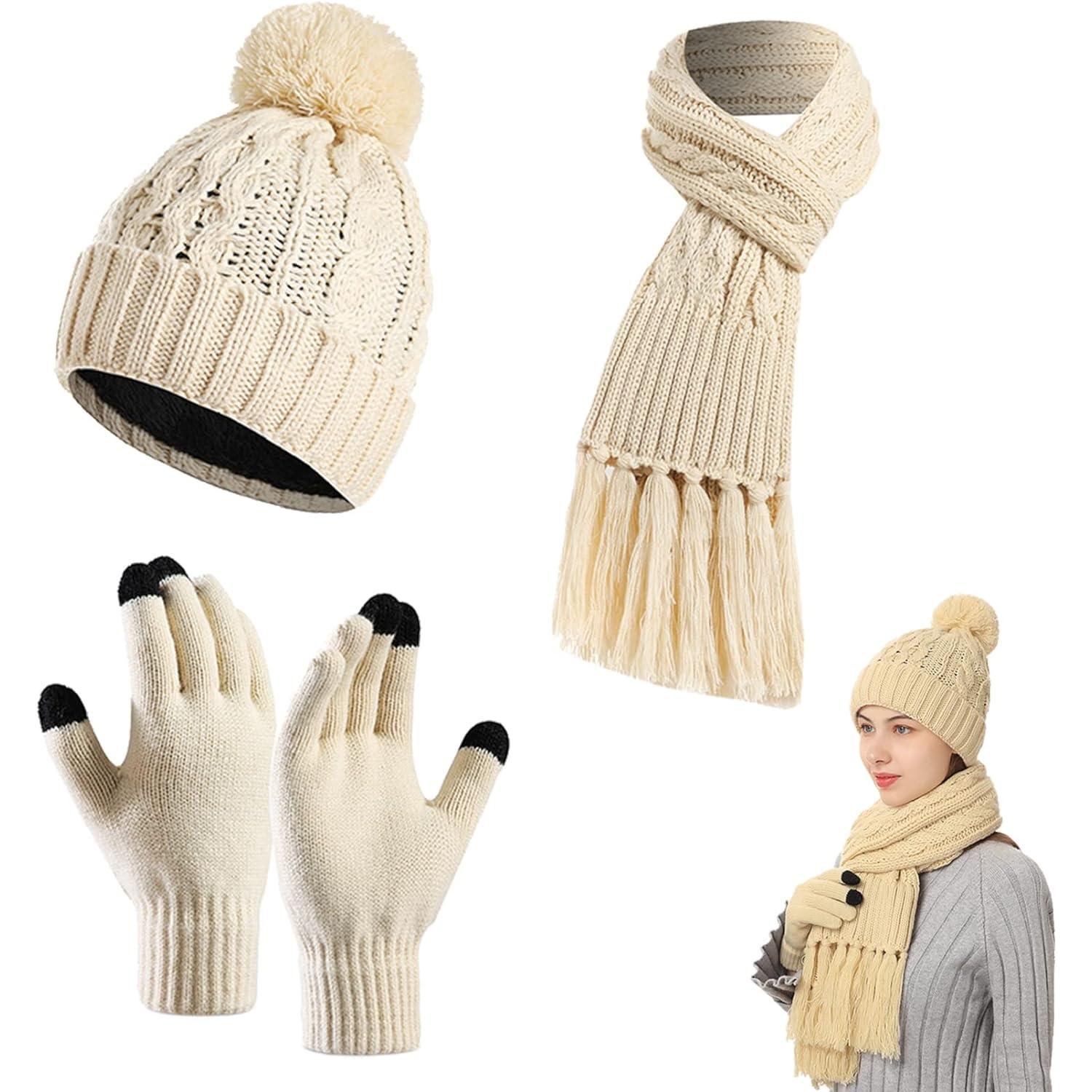 Gorro de lana con forro polar para mujer, diseño de copo de nieve, con  pompones y gorro de punto cálido para invierno