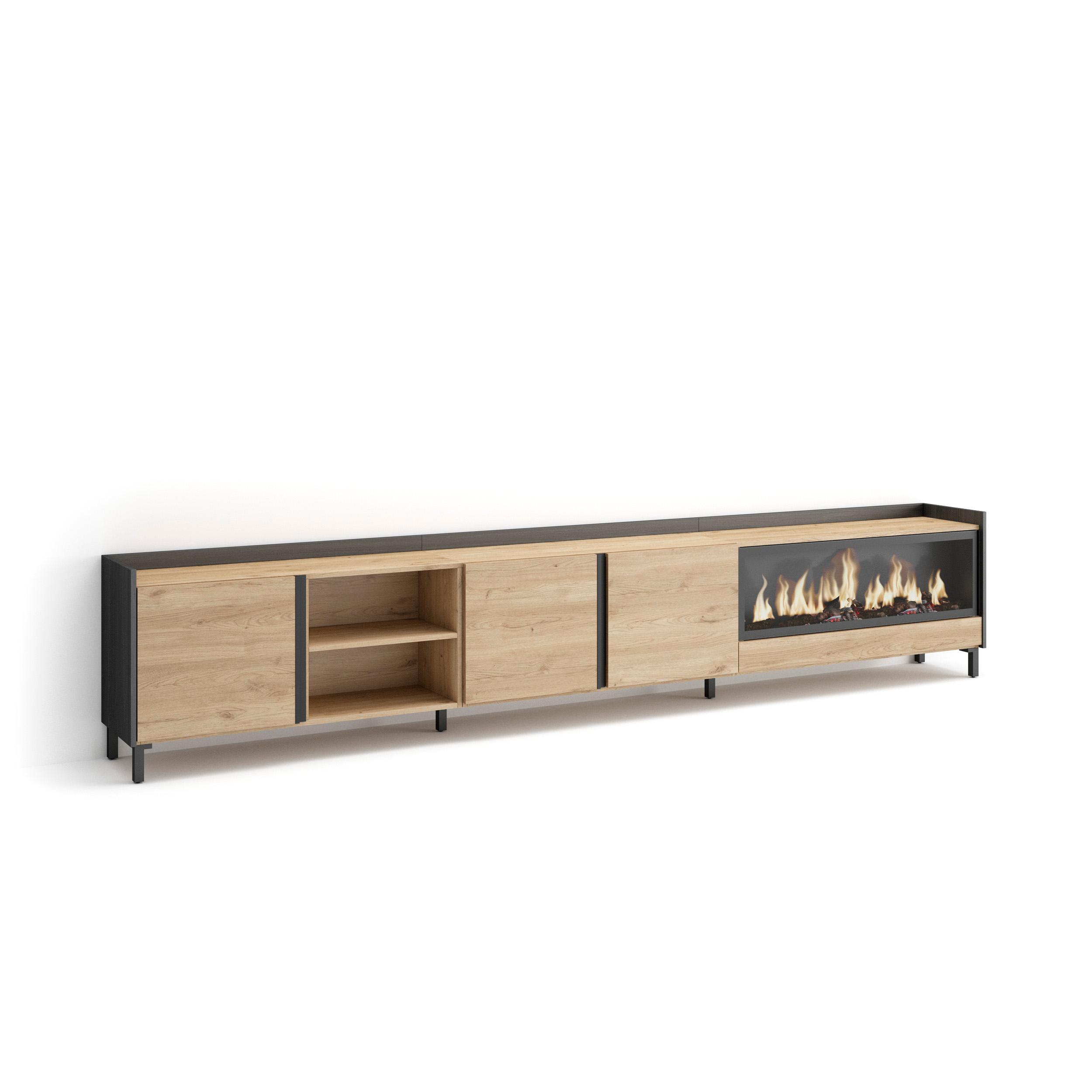 Mueble TV, Televisión, 315x35x61cm, Para TV hasta 80", Chimenea eléctrica XXL, Diseño industrial