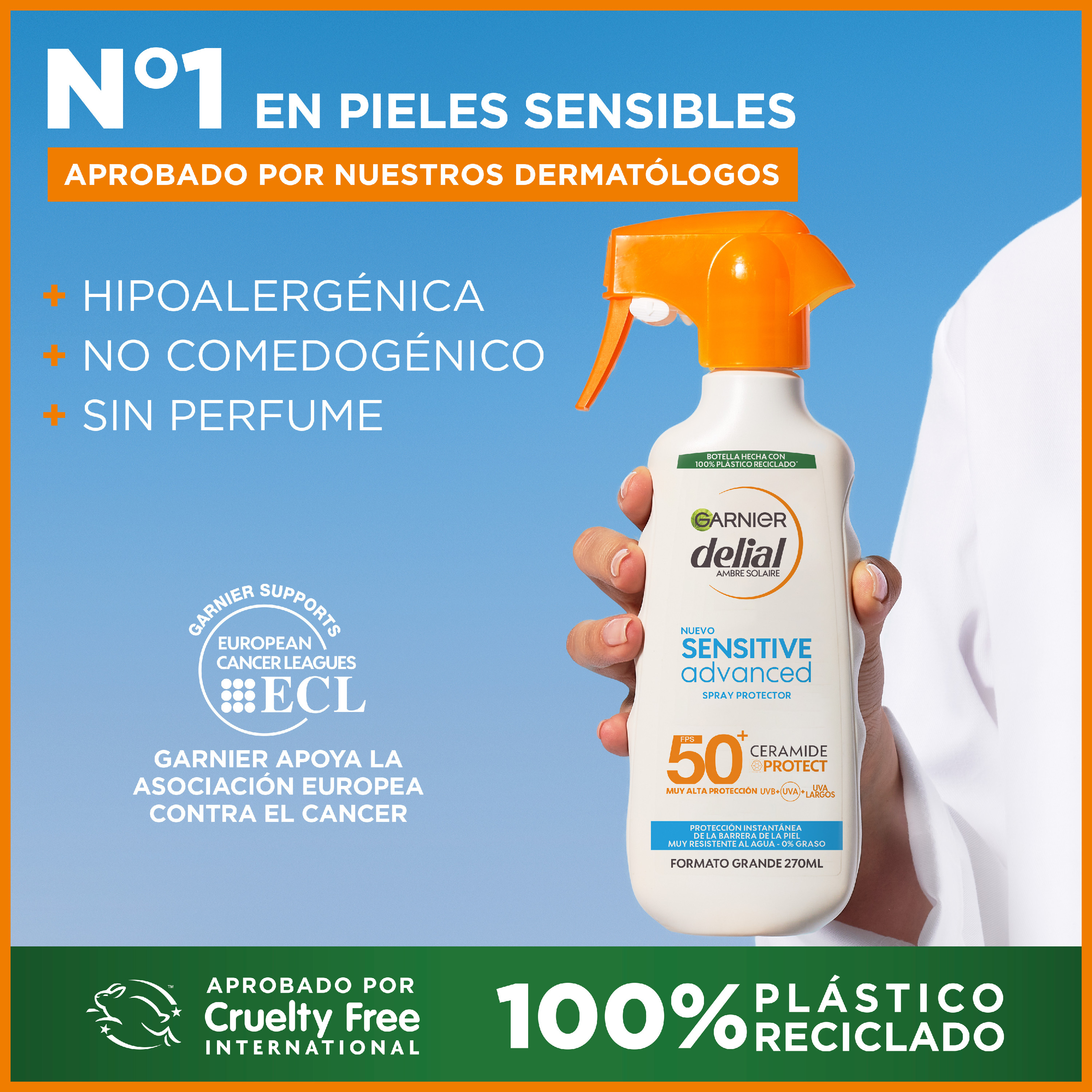 GARNIER | Delial Spray Protector Sensitive Advanced Adultos crema solar para pieles claras, sensibles e intolerantes al sol IP50+. Muy resistente al agua, 0% graso, 0% pegajoso - 2x270ML | Miravia