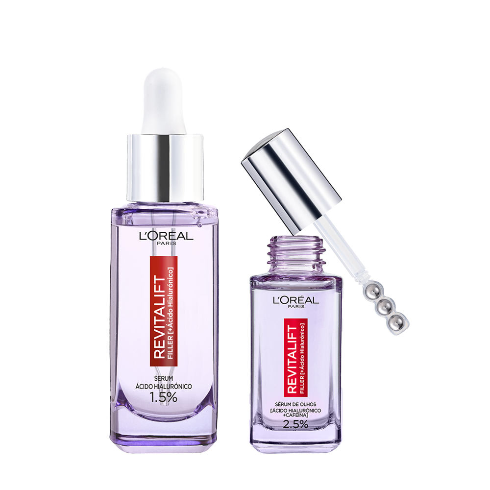 LOréal Paris | Serum Ojos Revitalift Filler 2,5 Ácido Hialurónico + Cafeína. Rellena patas de gallo y corrige ojeras. Aplicador triple roll-on efecto frío. Aprobado por dermatólogos. 20ml + Serum Anti-arrugas con Ácido Hialurónico 30 ml