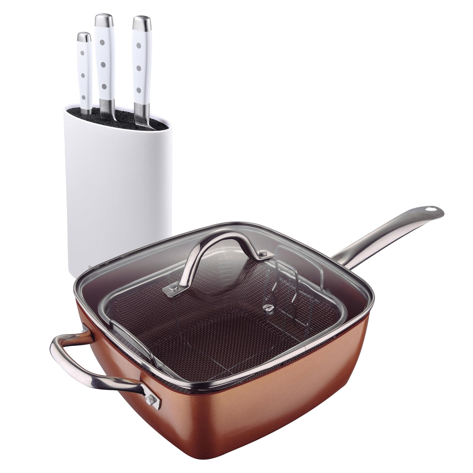 Juego de Sartén Cuadrada 24x24cm en aluminio prensado + 3 Utensilios de cocina de madera + Delantal gris 100% Algodón Optimum Copper Bergner