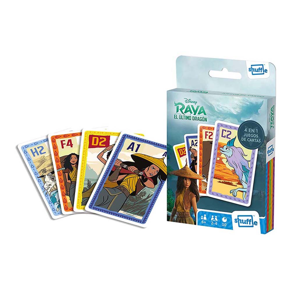 Fournier Cartamundi Shuffle Baraja de 33 cartas Raya el último dragón Película Disney 4 juegos en 1 Juego mesa Jugar Cuartetos A partir de 4 años De 2 a 4 jugadores Partidas de 10 minutos Producto oficial Familia Amigos Cine Fantasía Multi idioma