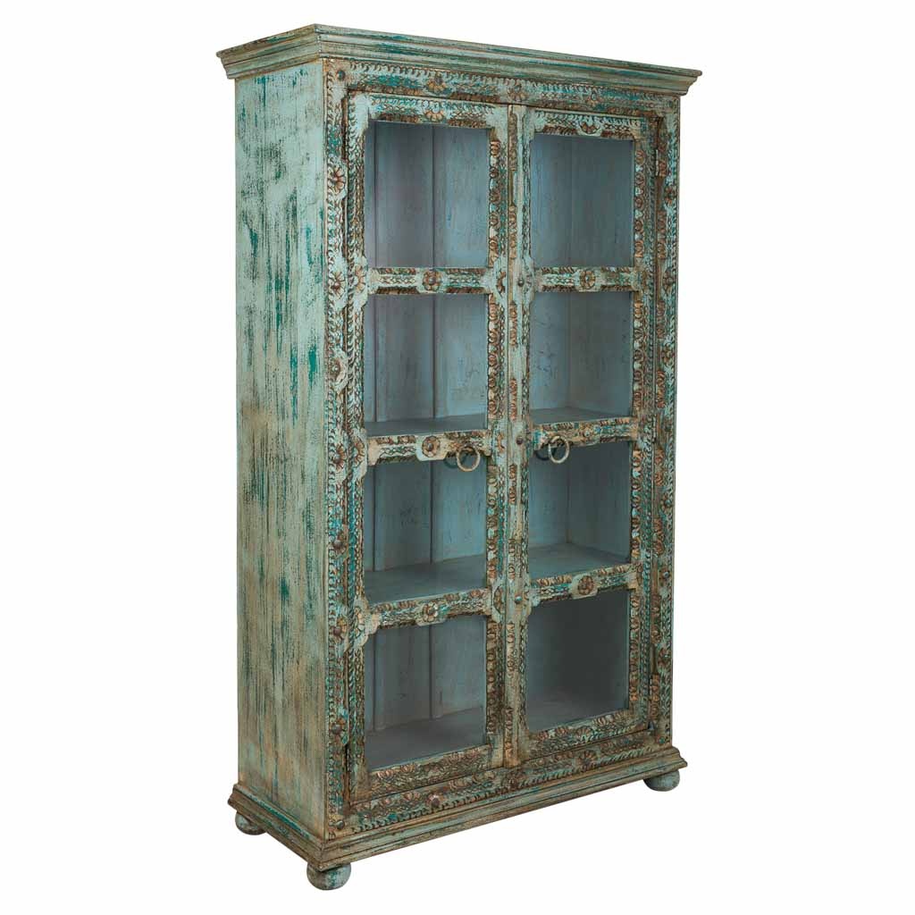 Wonderlust Deco - Vitrina de madera tallada 106x43x180 azul Azul 106x43x180h cm