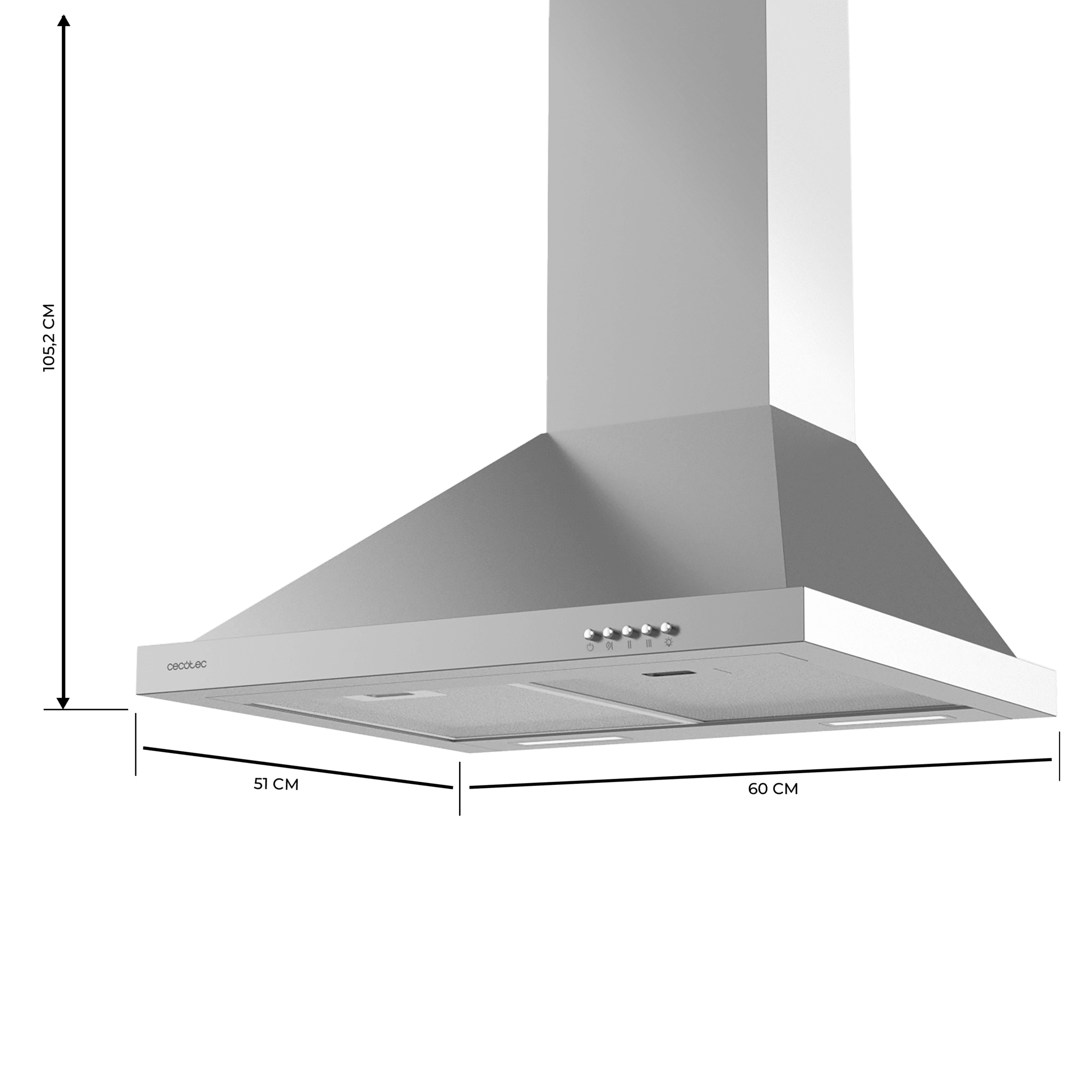 CECOTEC 02870 Campana Piramidal Bolero Flux PM 606500 Inox 60cm Succión 650m3h Motor 165W Clase A con Luz y Filtro de Carbono