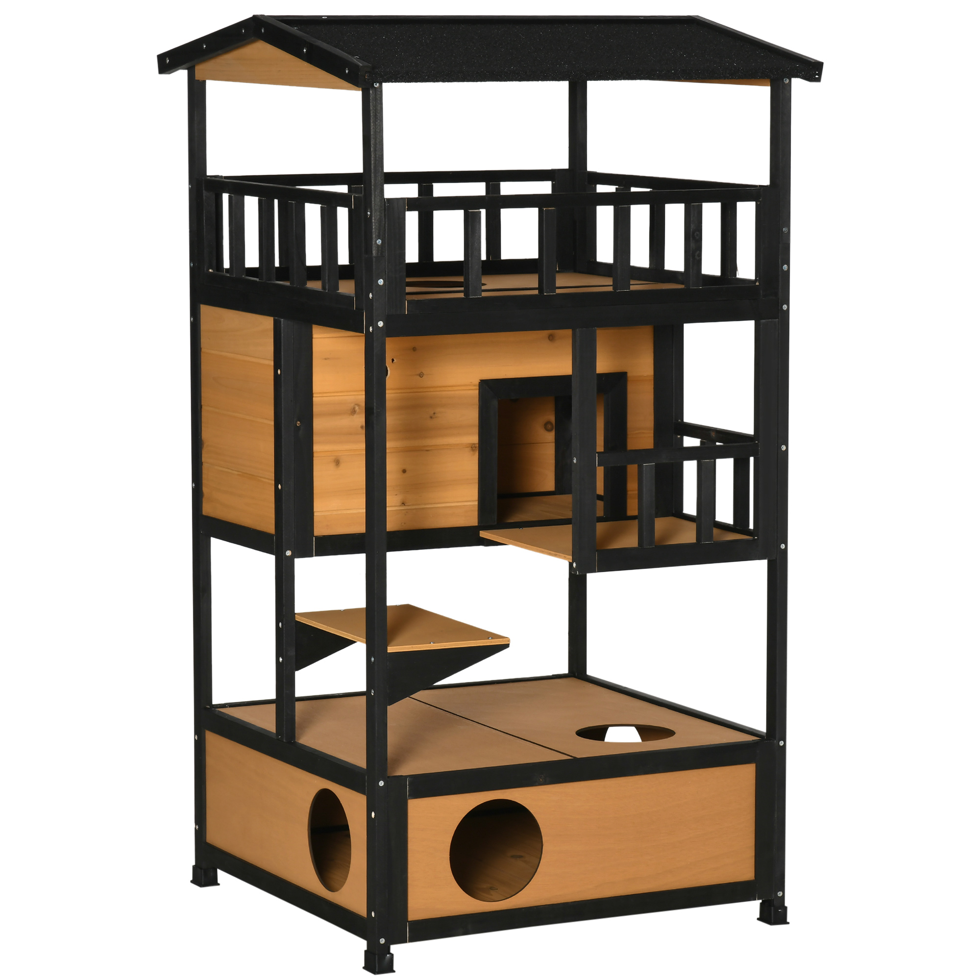 PawHut Caseta para Gatos de Madera de Abeto con Gran Espacio de 4 Pisos y Centro de Actividades 78x76x140cm
