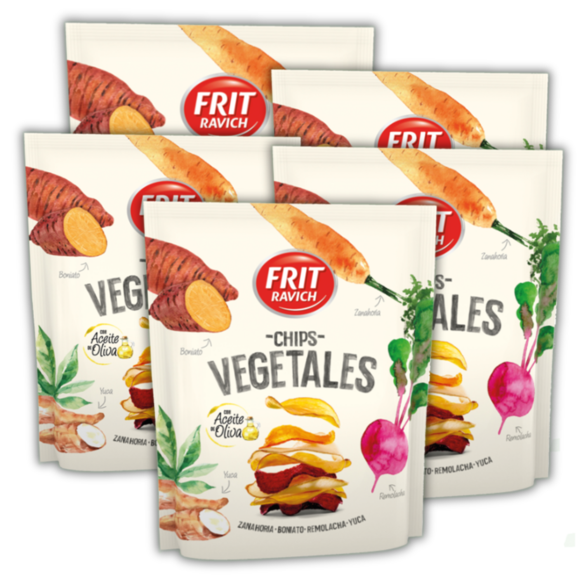 Chips de Vegetales Frit Ravich - Pack 5 Bolsas de 70 gramos - Chips de Yuca, Boniato, Remolacha y Zanahoria - Chips de Vegetales hechos con Aceite de Oliva