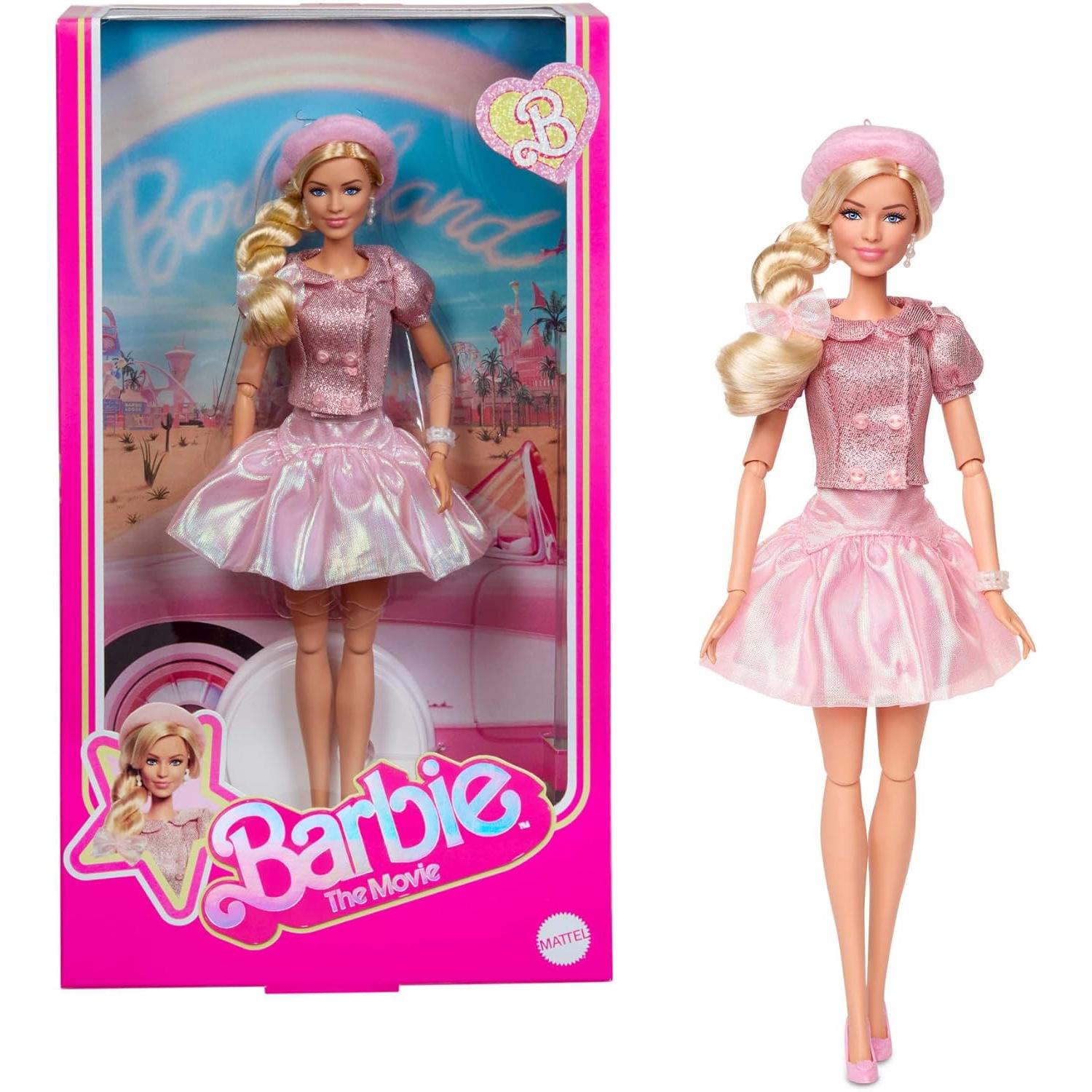 Barbie The Movie Margot Robbie Muñeca Coleccionable con Blusa Rosa y tutú en Rosa, Melena Recogida y Joyas a Juego, JBJ53