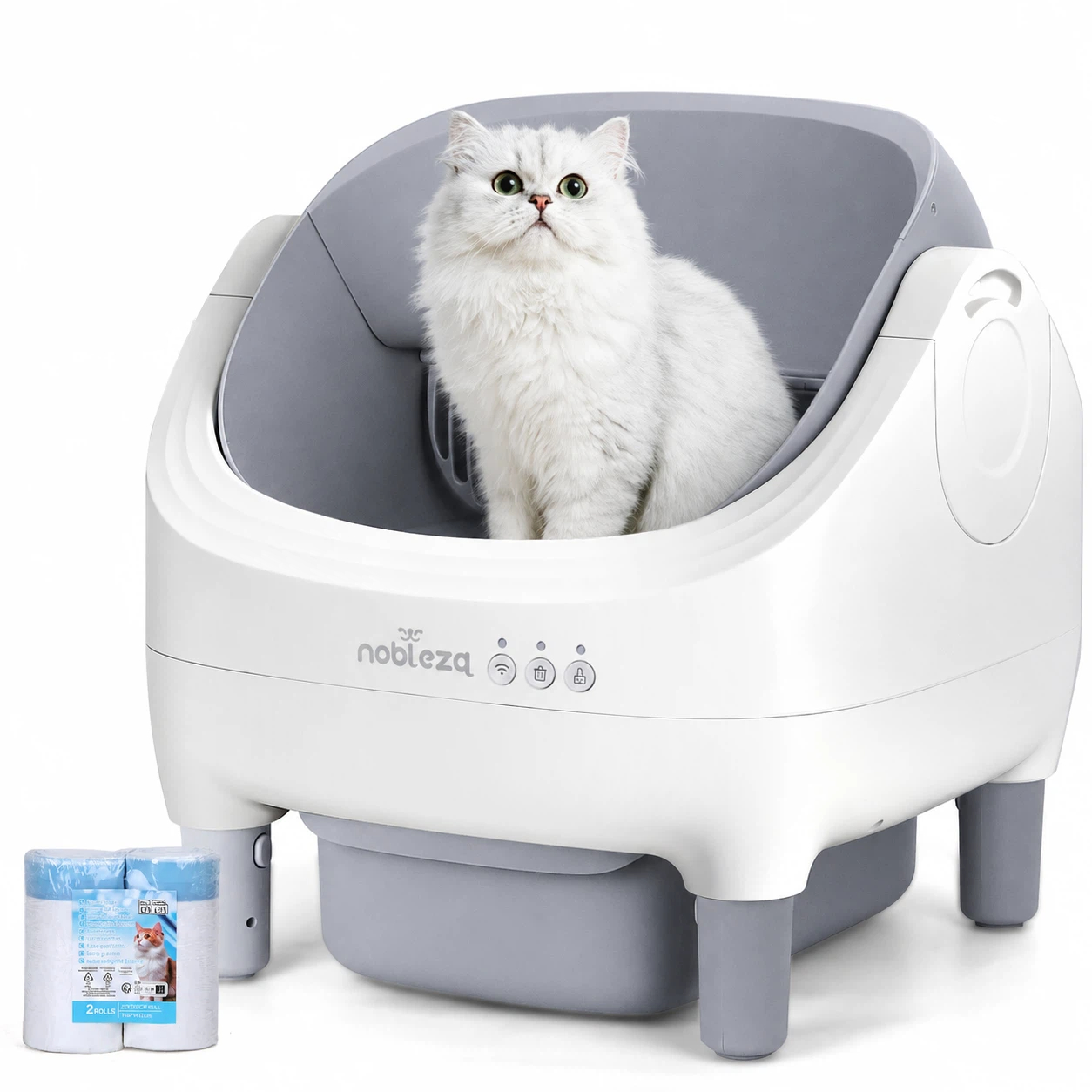 Nobleza Arenero Autolimpiable para Gatos SL03, Caja de Arena Automática con Control por APP, Diseño Abierto, Gran Capacidad, Incluye 2 Rollos de Bolsas y 1 Ambientador, Color Blanco&Gris