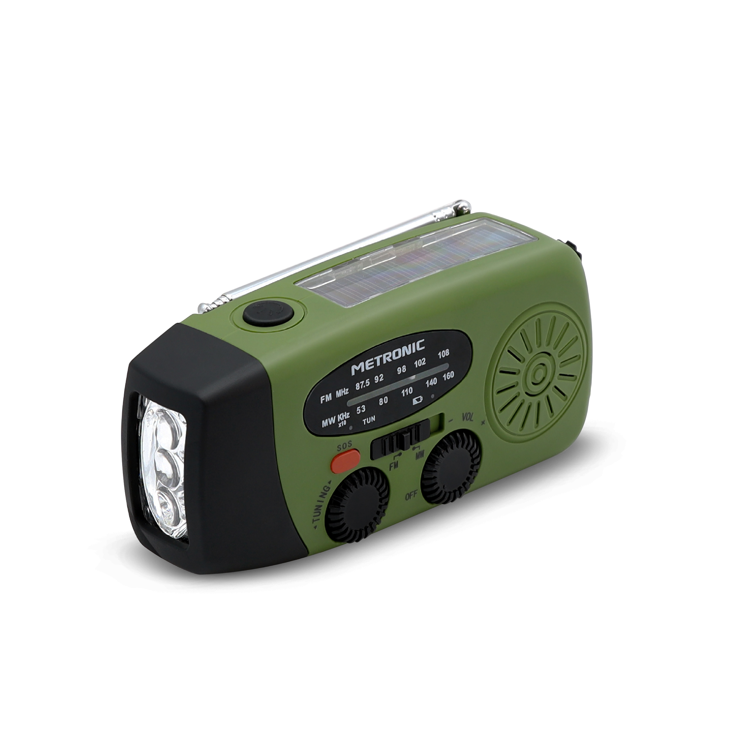 METRONIC 477216 Radio dinamo de emergencia con carga solar 2000 mAh Verde y negro