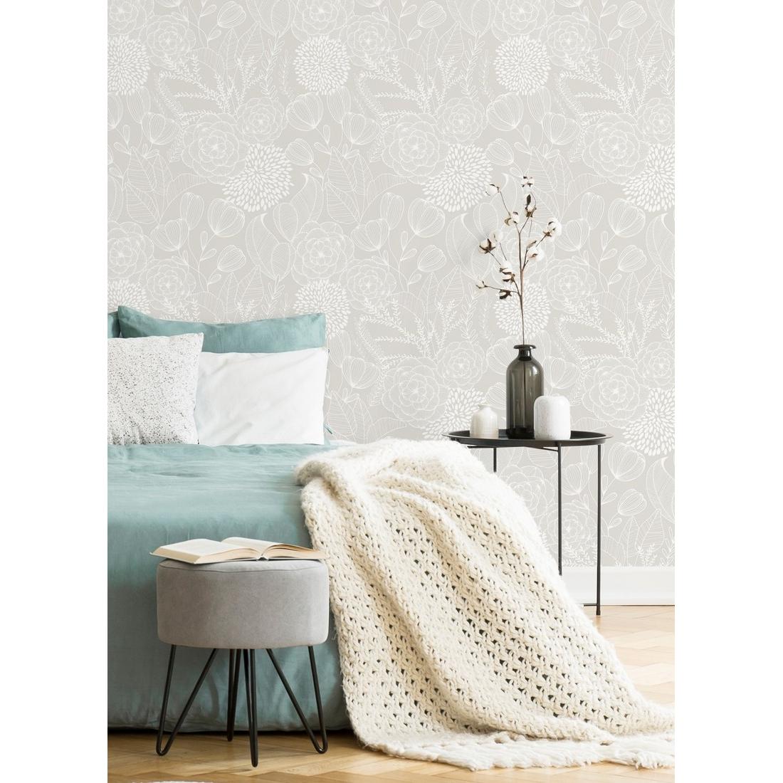 Papel pintado vinílico ecológico de flores dibujadas con trazos blanco y gris - Morgan Flowers 680644 de GAULAN - Rollo de 10 m x 0,53 m