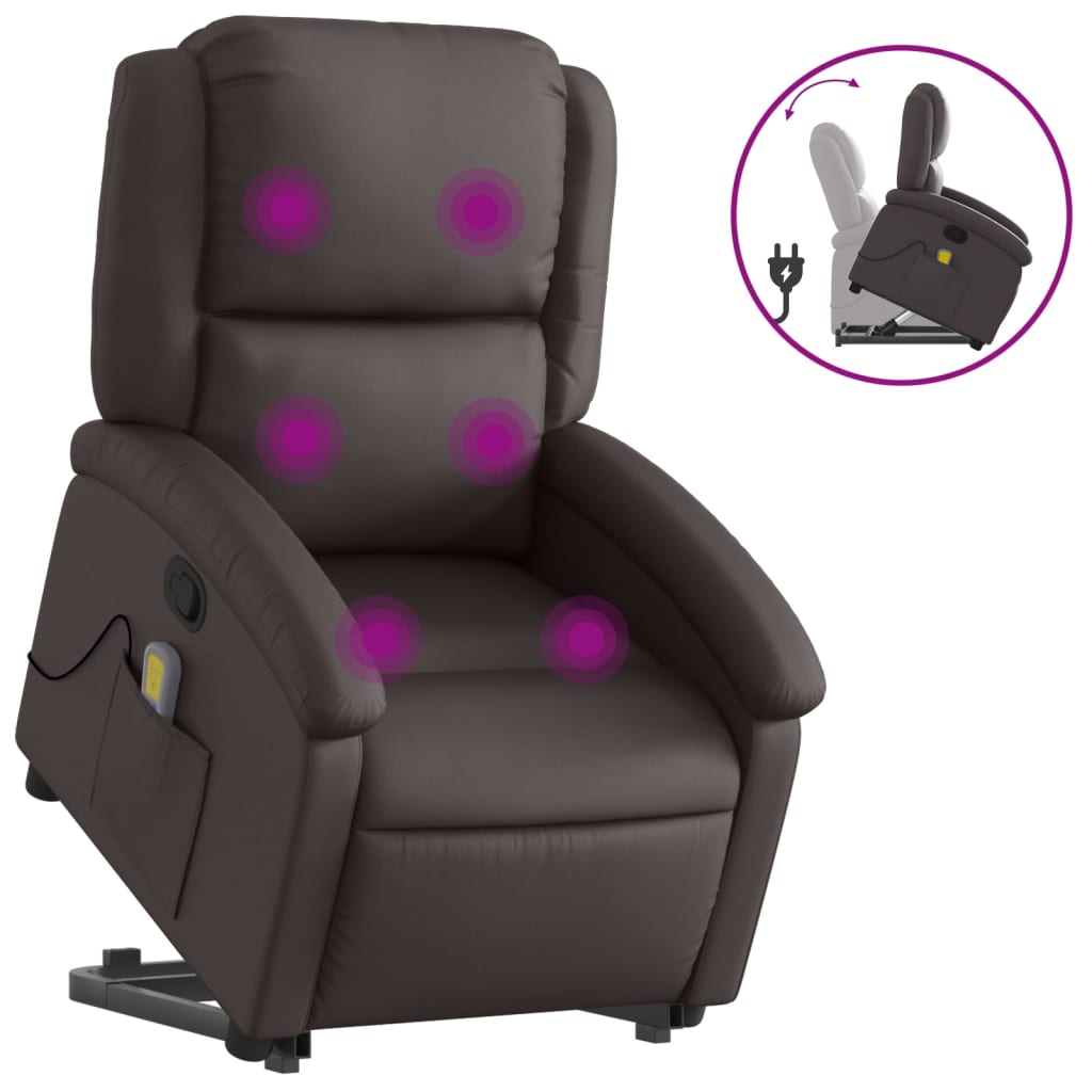 vidaXL Sillón reclinable masaje elevable cuero auténtico marrón oscuro