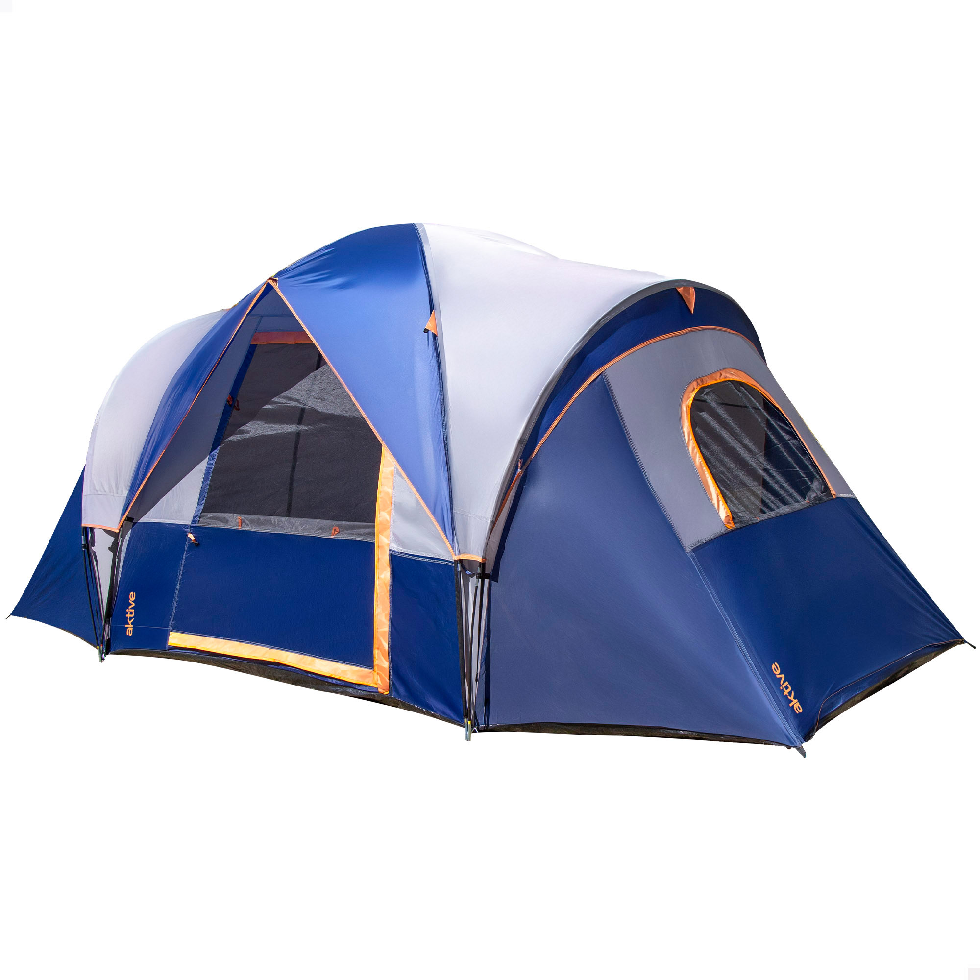 Aktive - Tienda de campaña 6 personas, color gris y azul, medidas 455x220x190 cm, tejido poliéster, varillas fibra de vidrio 8,5 mm, mosquiteras, impermeable, incluye 14 piquetas, bolsa transporte, tiendas camping
