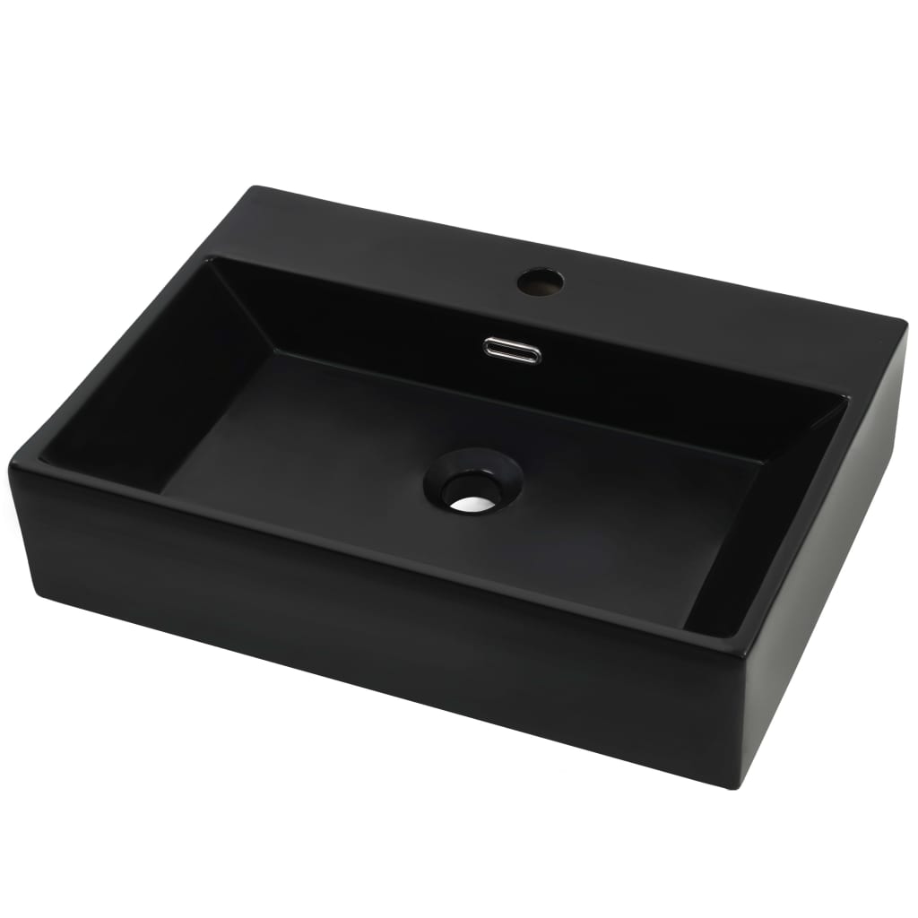 vidaXL Lavabo con orificio para grifo cerámica negro 60,5x42,5x14,5 cm