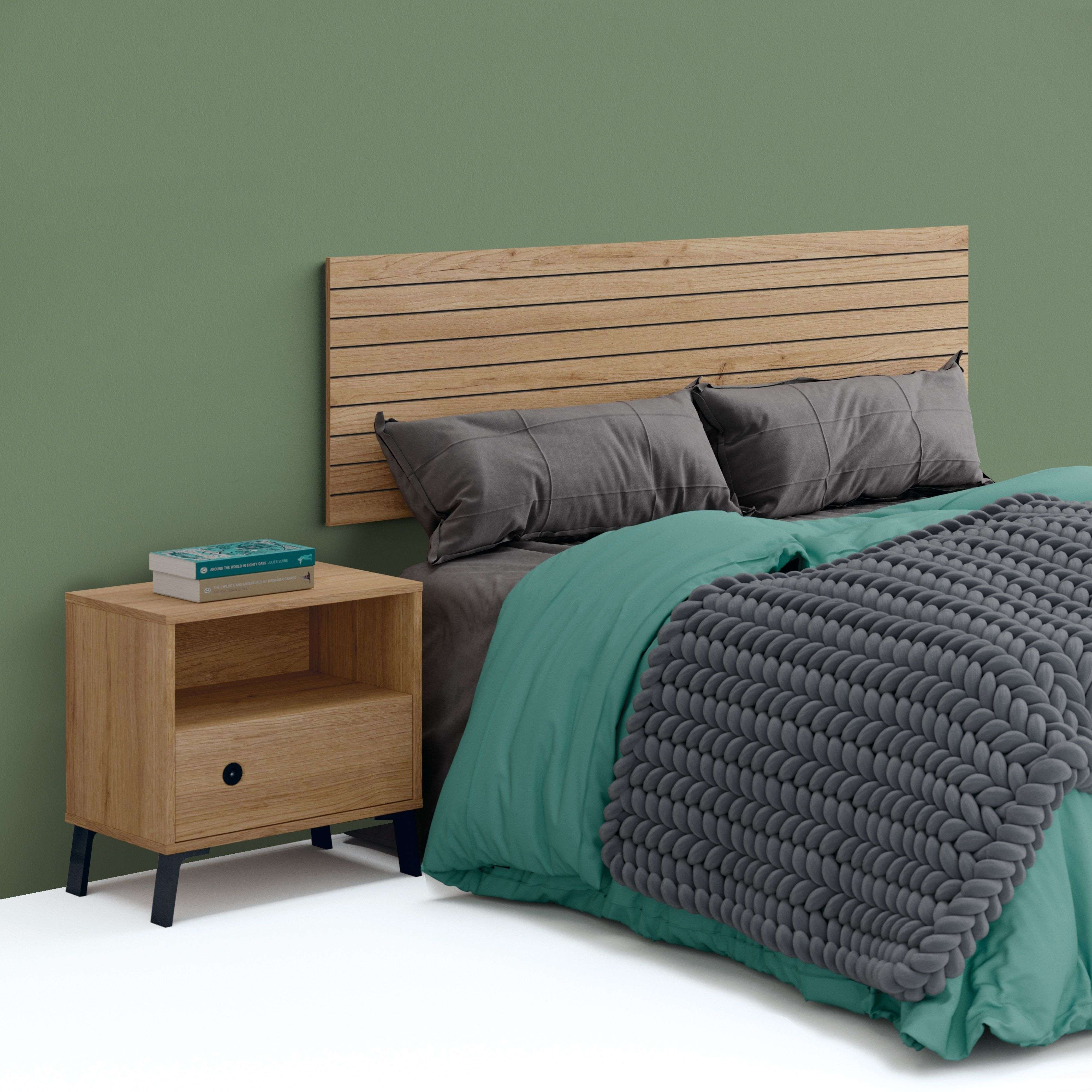 Miroytengo Pack Cabecero de Cama con Mesita Camila Color Roble Gold y Negro Mate 160 cm