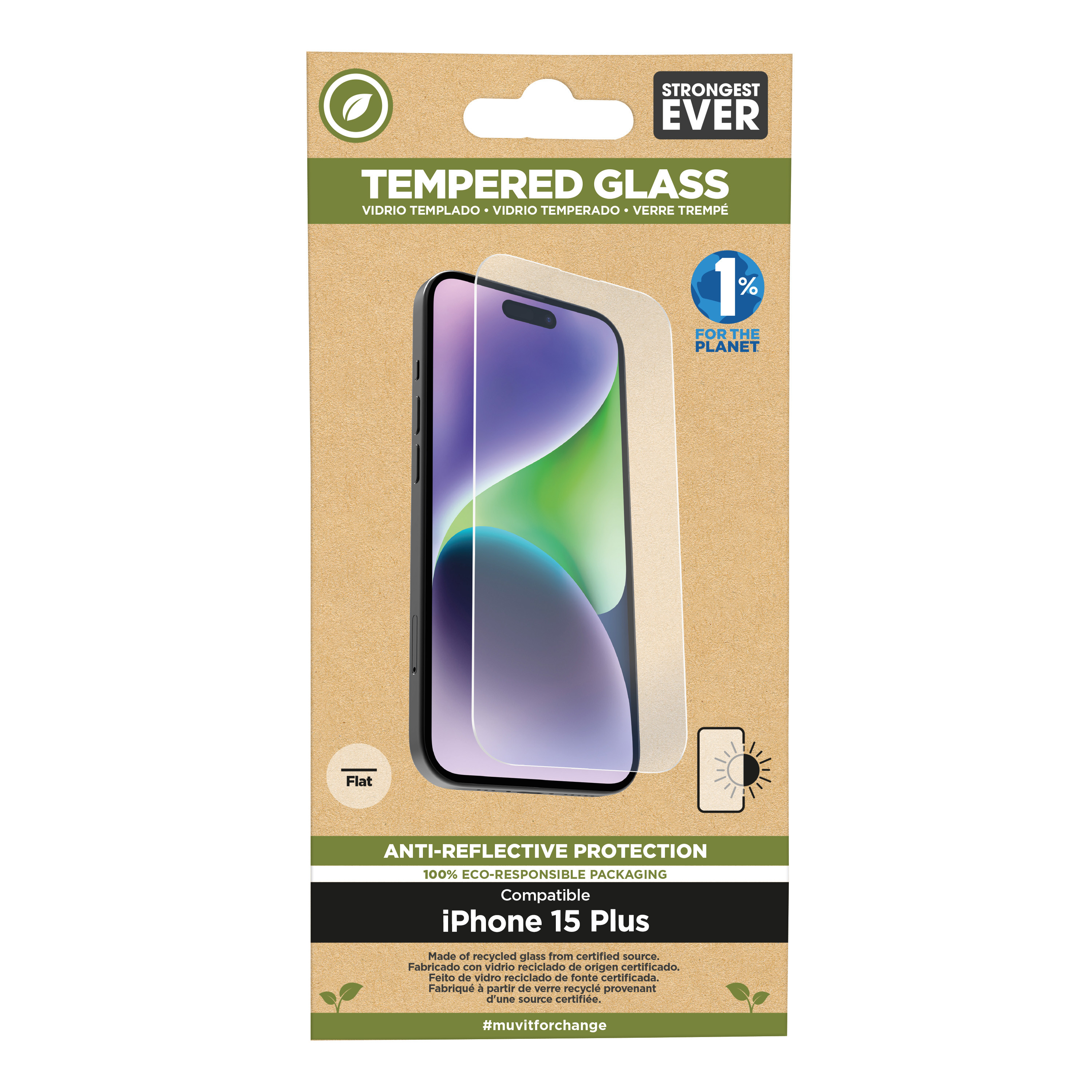 muvit for change protector pantalla recycletek anti-reflejo compatible con Apple iPhone 15 Plus vidrio templado plano