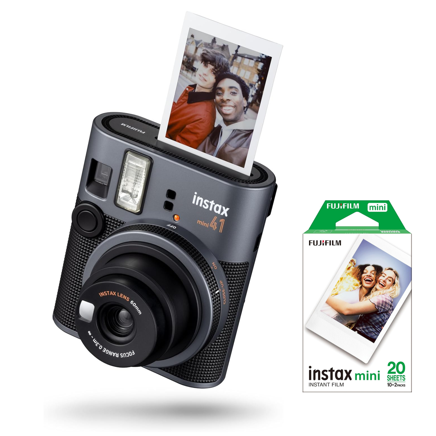 Fujifilm Instax mini 41 - Cámara Instantánea + Papel Instax Mini Película Fotográfica Instantánea 2 x10 Fotos | Autoexposición | Flash Incorporado | Mini Espejo Modo Selfie y Primeros Planos | Cámara Moderna con Diseño Clásico
