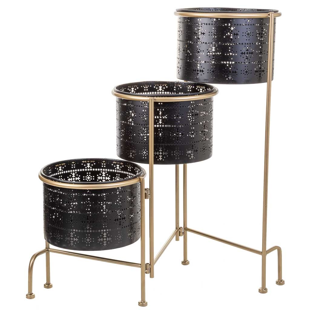 Wonderlust Deco - Soporte de metal con 3 maceteros de metal negro 80x26x68 Negro 80x26x68h cm