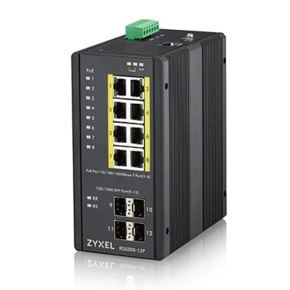 HUB Switch puertos 12 puertos totales: 8 puertos LAN con PoE y 4 puertos uplink SFP de 1GbE Zyxel RGS200-12P-ZZ0101F  | Negro