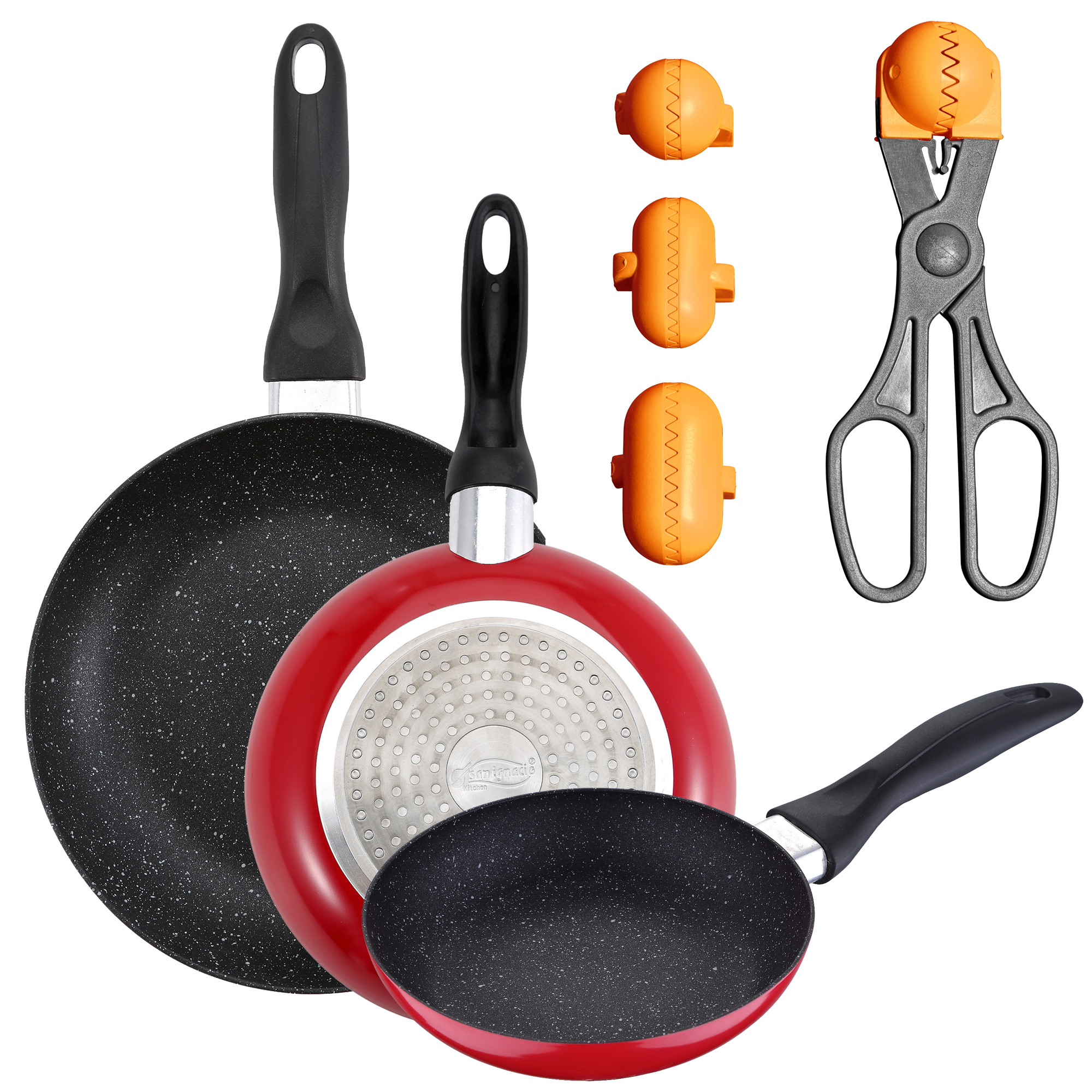 Pack de 3 sartenes SAN IGNACIO Ø16CM Ø20CM Ø24CM + utensilio multiusos con 4 moldes intercambiables