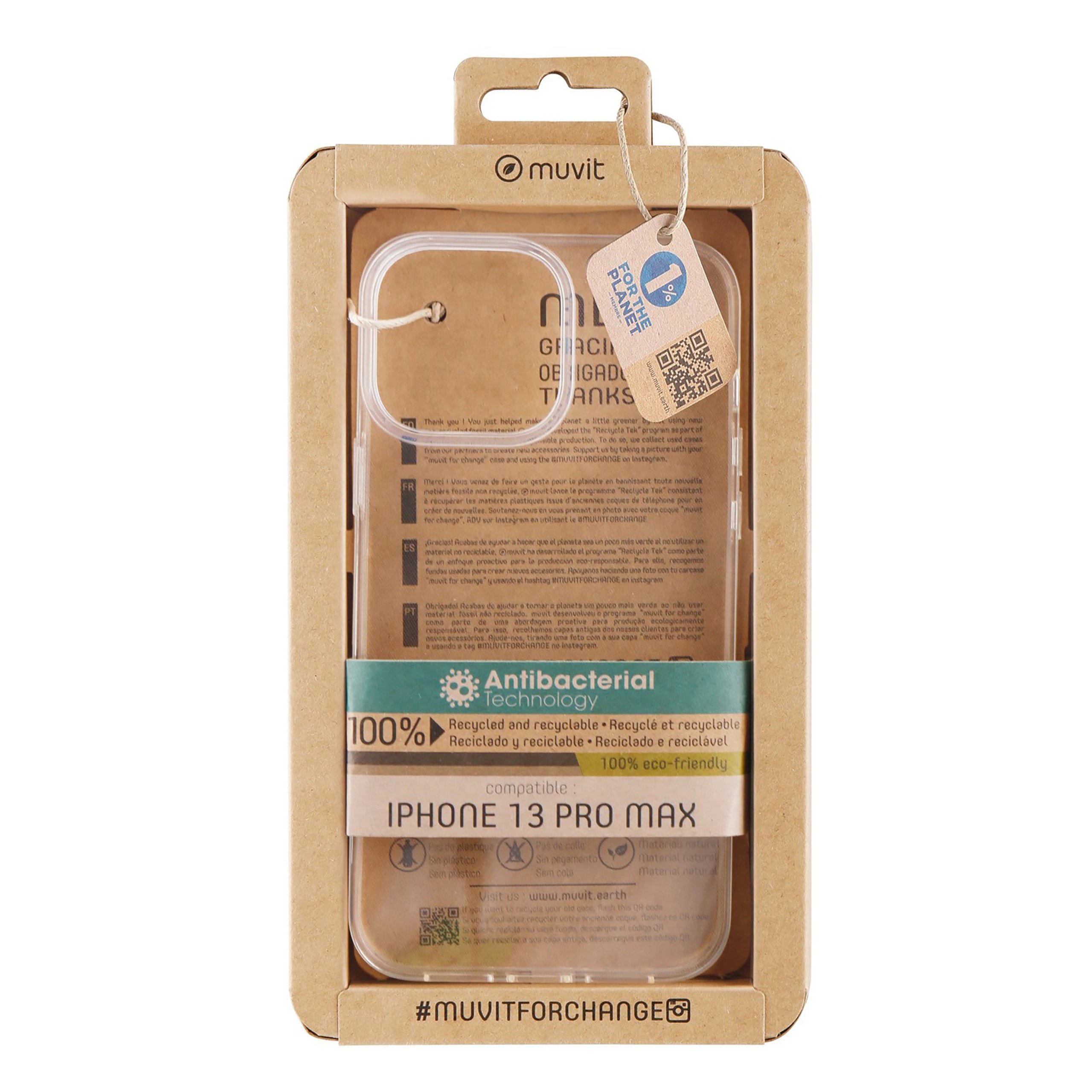 Muvit - Funda Recycletek MCCRS0190 para iPhone 13 Pro Max transparente antibacteriana y ecológica con protección contra golpes