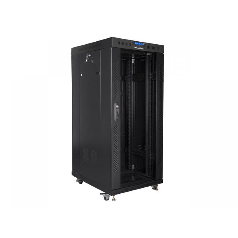 Rack independiente Lanberg FF01-6827-12BL V2 27U capacidad 1200kg 4 ventiladores LCD Termostato IP20 Negro