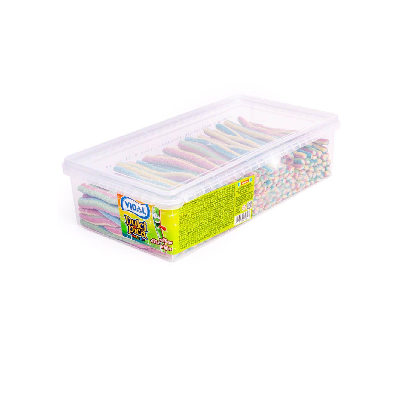 Vidal Dulcipica diferentes sabores en bandeja 1,4 Kg - Delicioso regaliz de golosina de intenso sabor a elegir entre: melocotón, melón, fresa, cola y multicolor relleno y con cobertura de polvos pica pica.