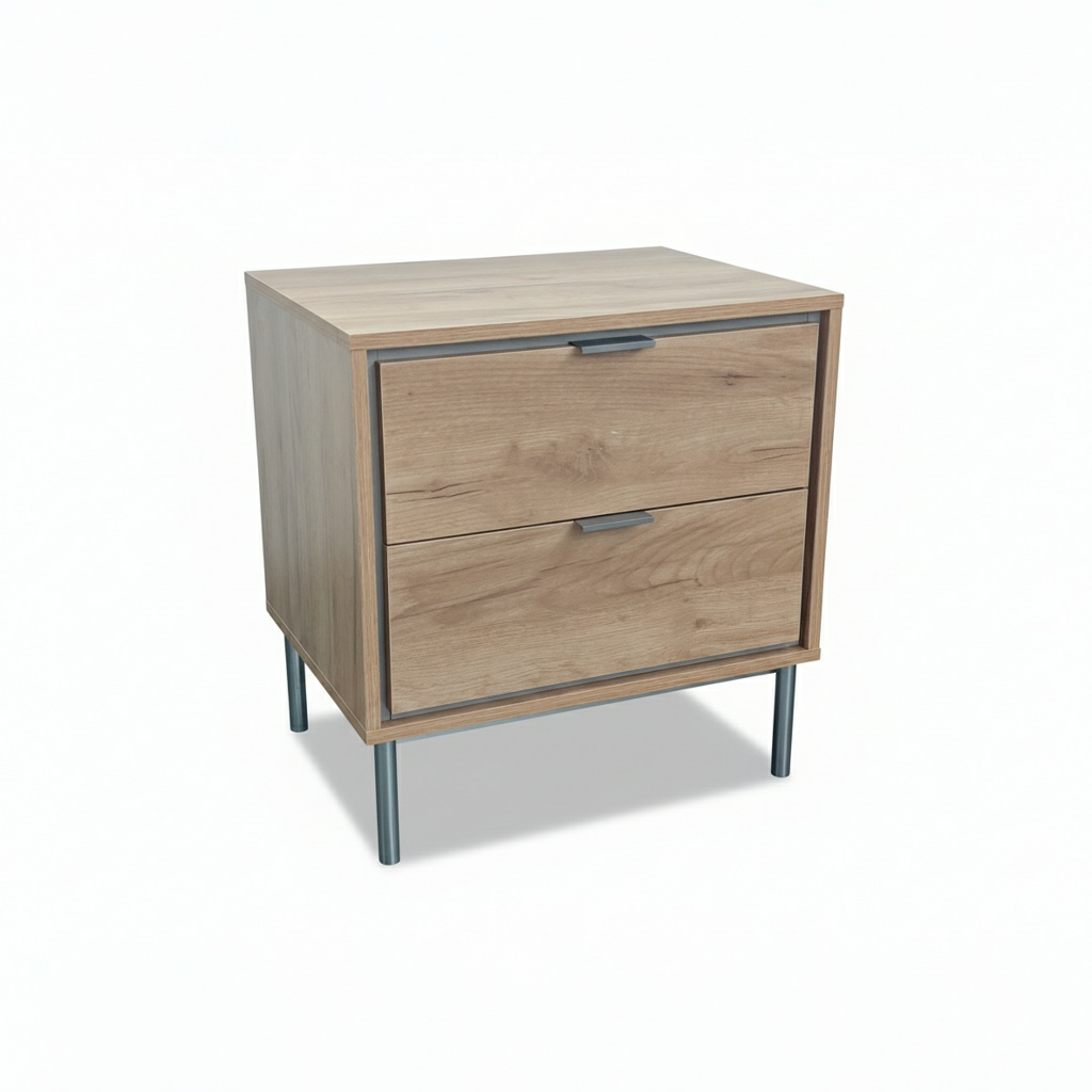 Mesita de Noche con 2 Cajones en Roble Natural – 53x39,5x56 cm – Patas y Tiradores Metálicos Níquel – Diseño Moderno y Funcional en Melamina