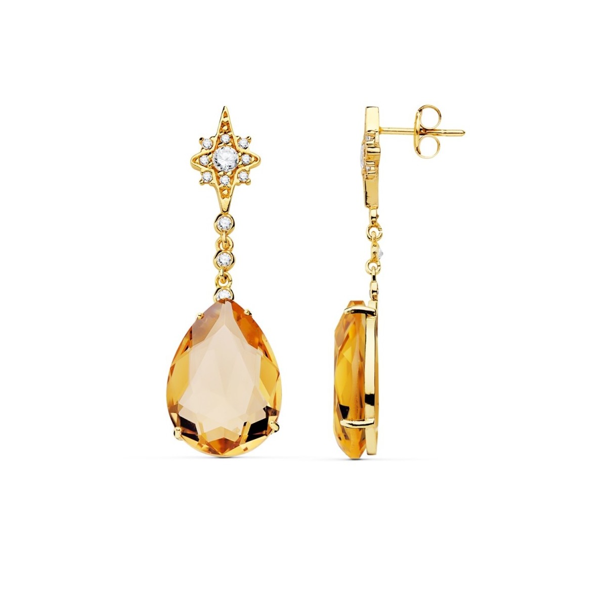 Pendientes oro 18k mujer 41cm estrella circonita cadena piedra pera color 13mm cierre presión
