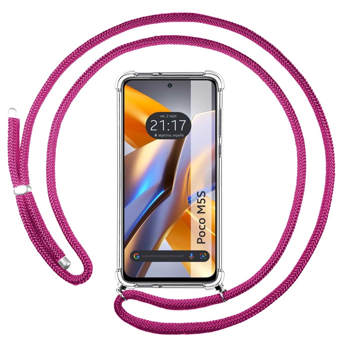 Funda Colgante Transparente para Xiaomi POCO M5s con Cordon Rosa Fucsia