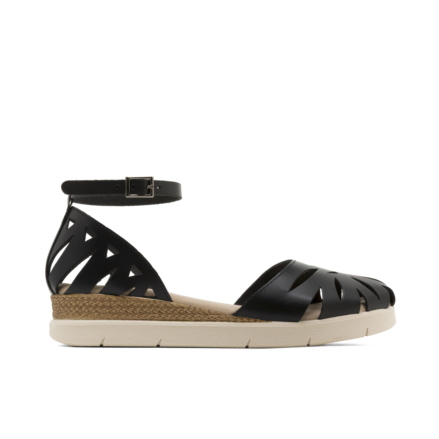 Sandalia de Cuña de Piel Federica Negro Artesanal Española con Confortable Plantilla Acolchada y Estabilidad Antideslizante, Diseño Cangrejera con Pala y Talón Troquelado, Cuña de 4 cm y Plataforma de