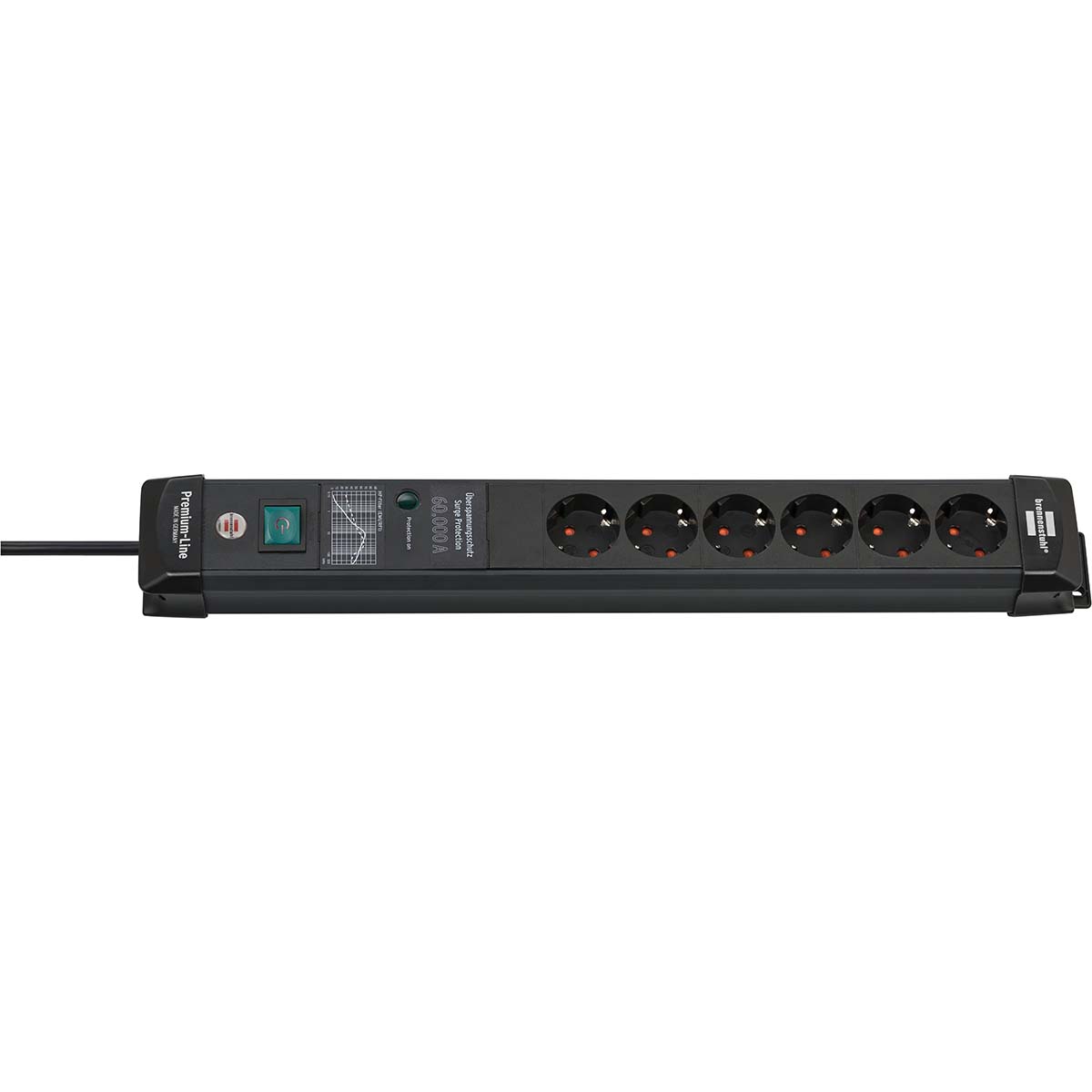 Brennenstuhl Premium-Line regleta enchufes de 6 Tomas con protección contra sobretensiones hasta 60.000 A (Cable de 3 m, Interruptor, montable, Fabricado en Alemania) Negro