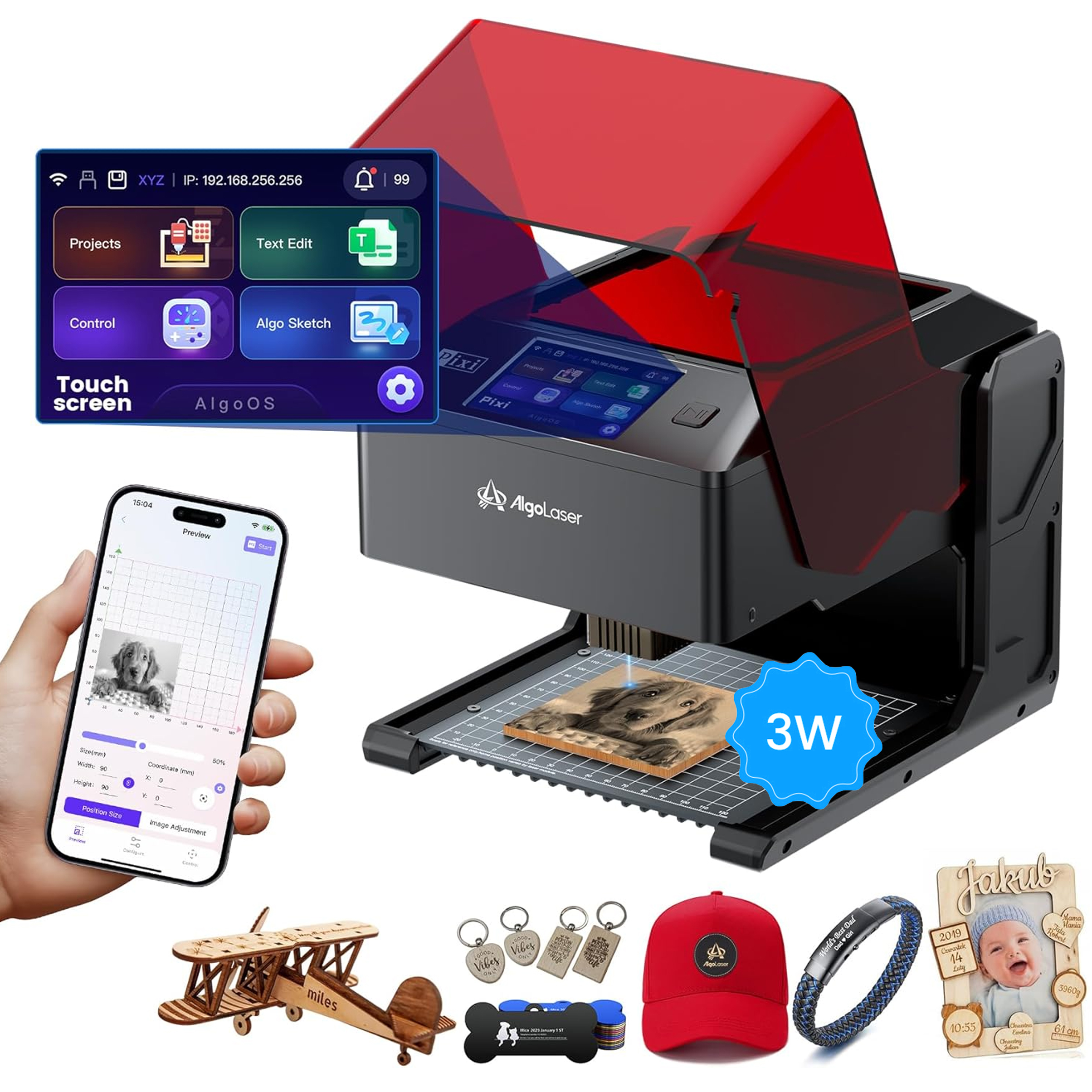 AlgoLaser Pixi 3W Grabadora Láser, Cortadora Laser para, Pantalla táctil de 3,5 pulgadas, High Precision Laser Cutting Machine for Personalized Gifts, Business Cards, Wood, Metal, Acrylic and Leather