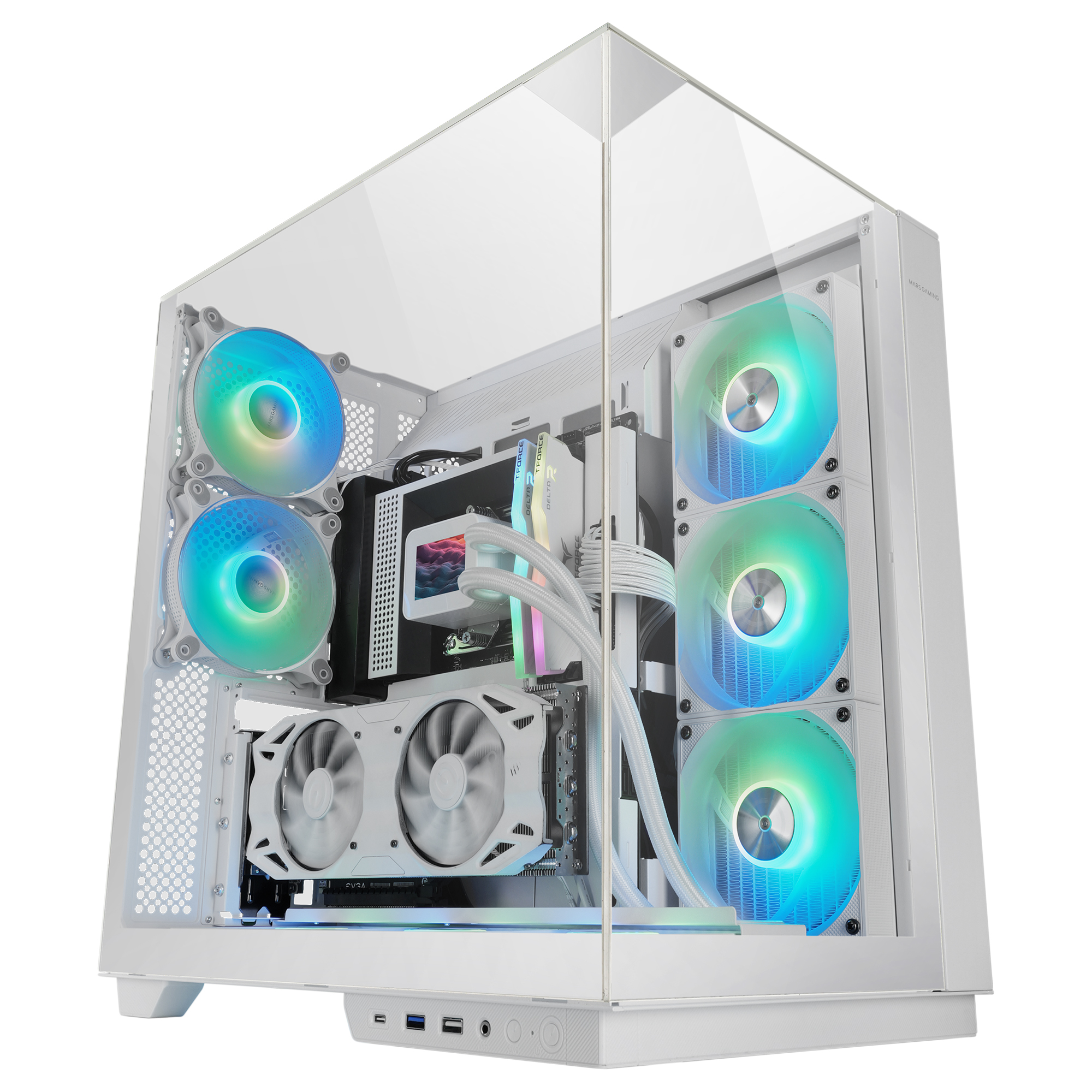 Mars Gaming MC-3GF, Caja Gaming ATX, Triple Cristal Continuo, 2x Ventiladores ARGB Traseros 120mm, Montaje Vertical de Tarjetas Gráficas, Torre PC con Soporte Refrigeración Líquida hasta 360mm, Caja PC Negra, Blanca o Fibra de Carbono
