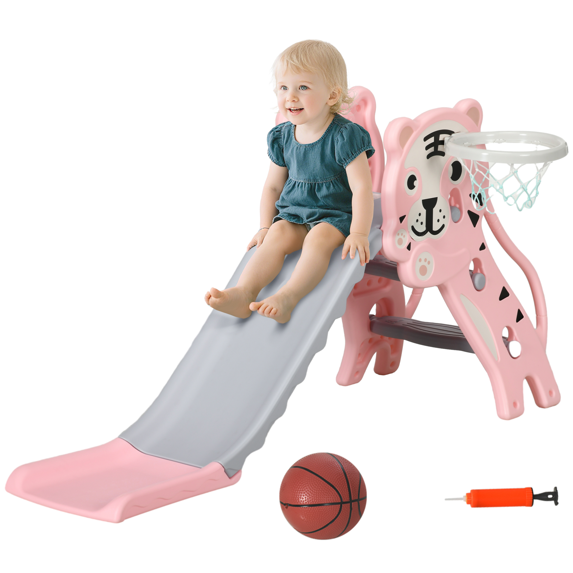 AIYAPLAY Tobogán Infantil 3 en 1 Tobogán para Niños de 18 a 36 Meses con 2 Escaleras 1 Canasta de Baloncesto y Patrón de Animal para Interior 133x60x70 cm Rosa y Gris