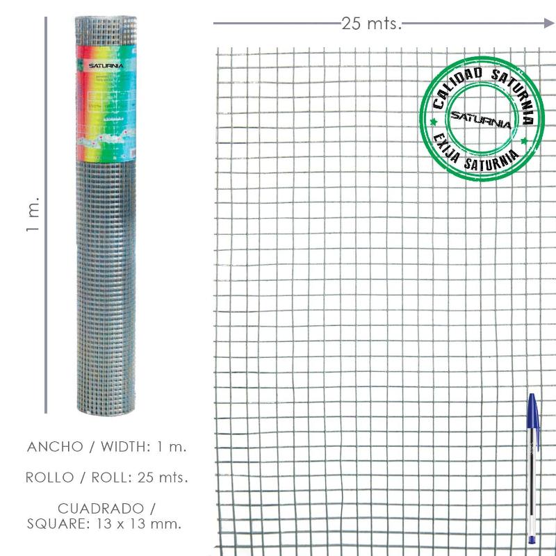 Malla electrosoldada galvanizada 13x13 / altura 100 cm. rollo 25 metros uso domestico