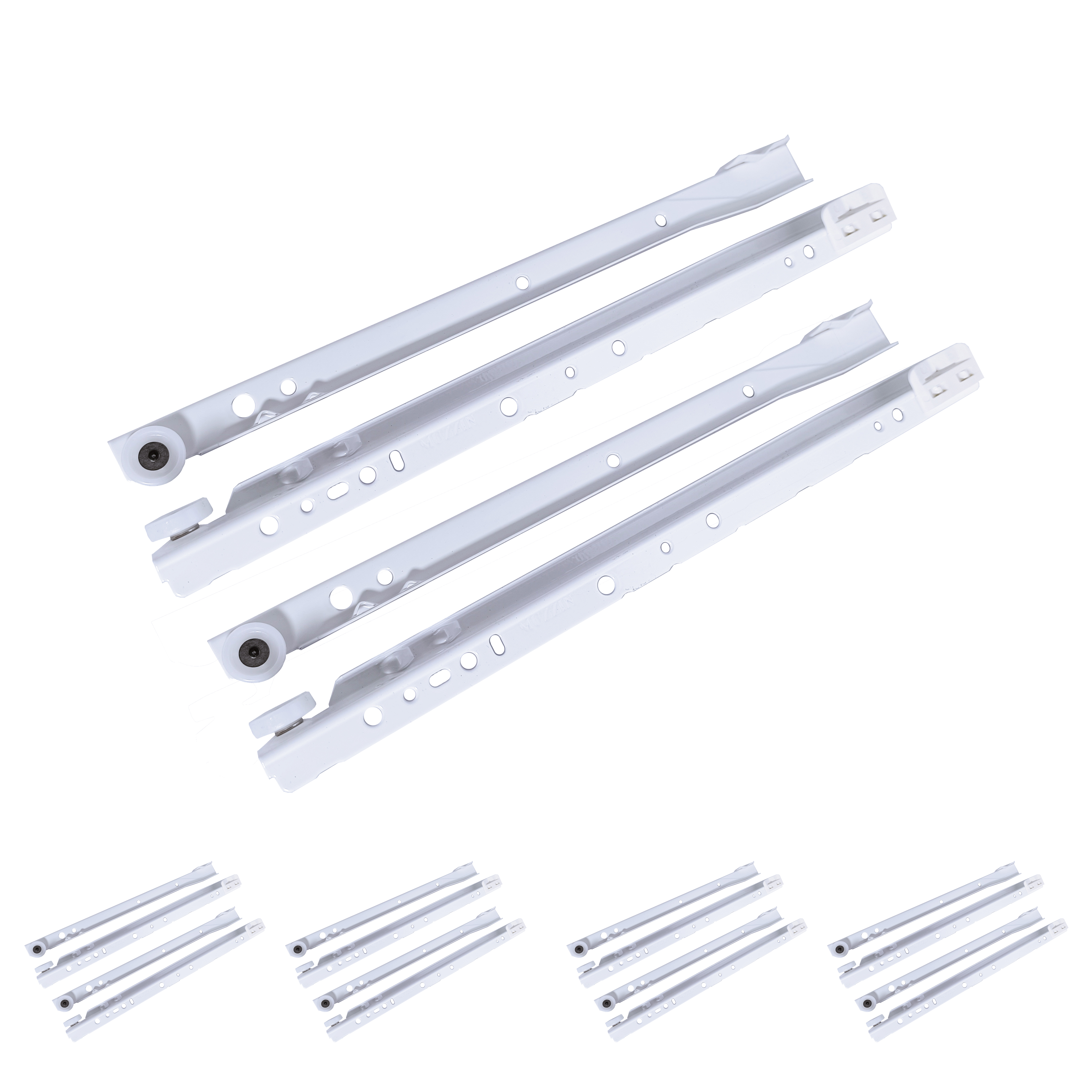 M.PASCUAL - Guías correderas para cajón rodillos con bloqueo de apertura | Extracción parcial | Fijación Inferior | Carga 30Kg | 30 cm | Rodillos | Pack 5 unidades