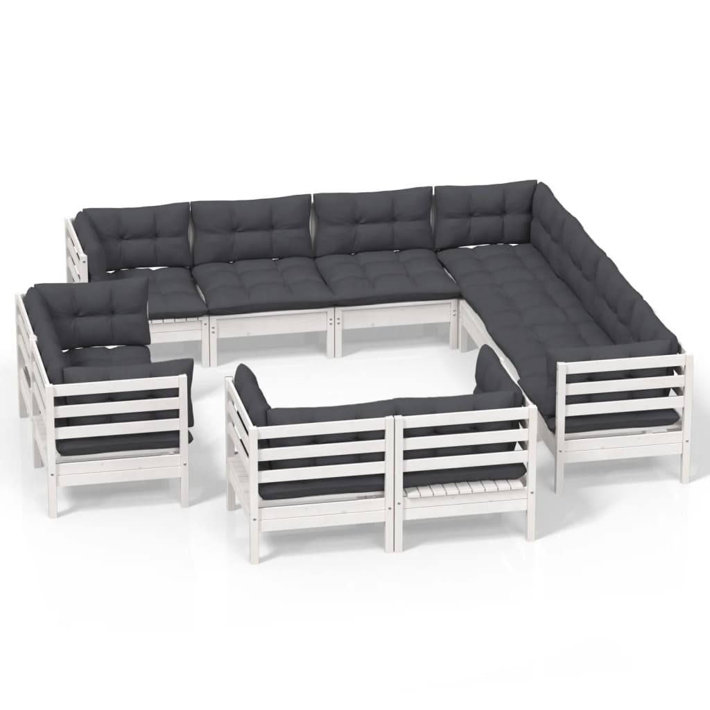 vidaXL Muebles de jardín 11 pzas y cojines blanco madera maciza pino