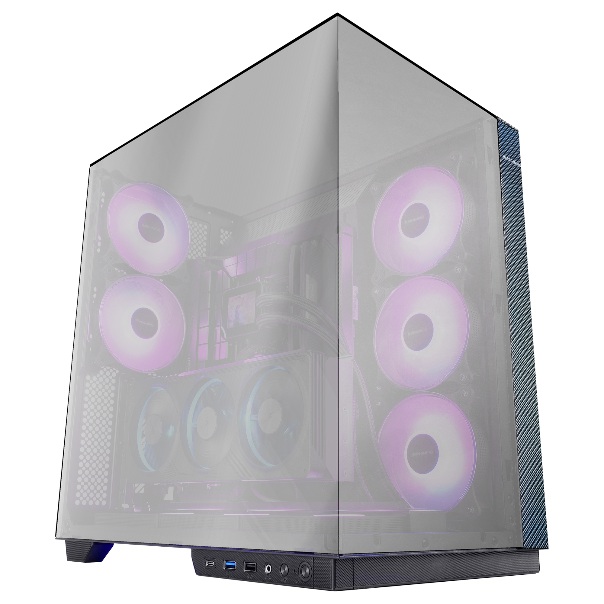 Mars Gaming MC-3GF, Caja Gaming ATX, Triple Cristal Continuo, 2x Ventiladores ARGB Traseros 120mm, Montaje Vertical de Tarjetas Gráficas, Torre PC con Soporte Refrigeración Líquida hasta 360mm, Caja PC Negra, Blanca o Fibra de Carbono