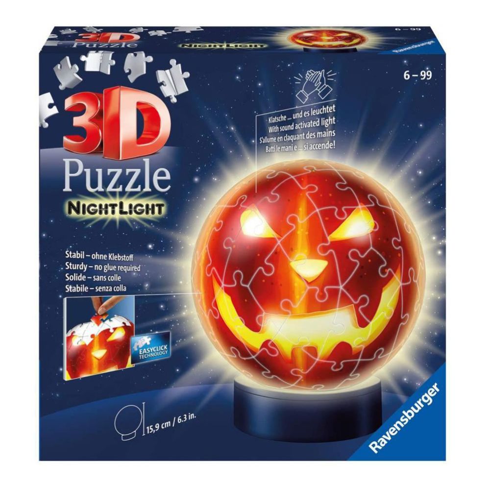 PUZZLE 3D CALABAZA DE HALLOWEEN LÁMPARA DE NOCHE 74 PIEZAS, RAVENSBURGER, 11253, TIENDA CON LICENCIA OFICIAL