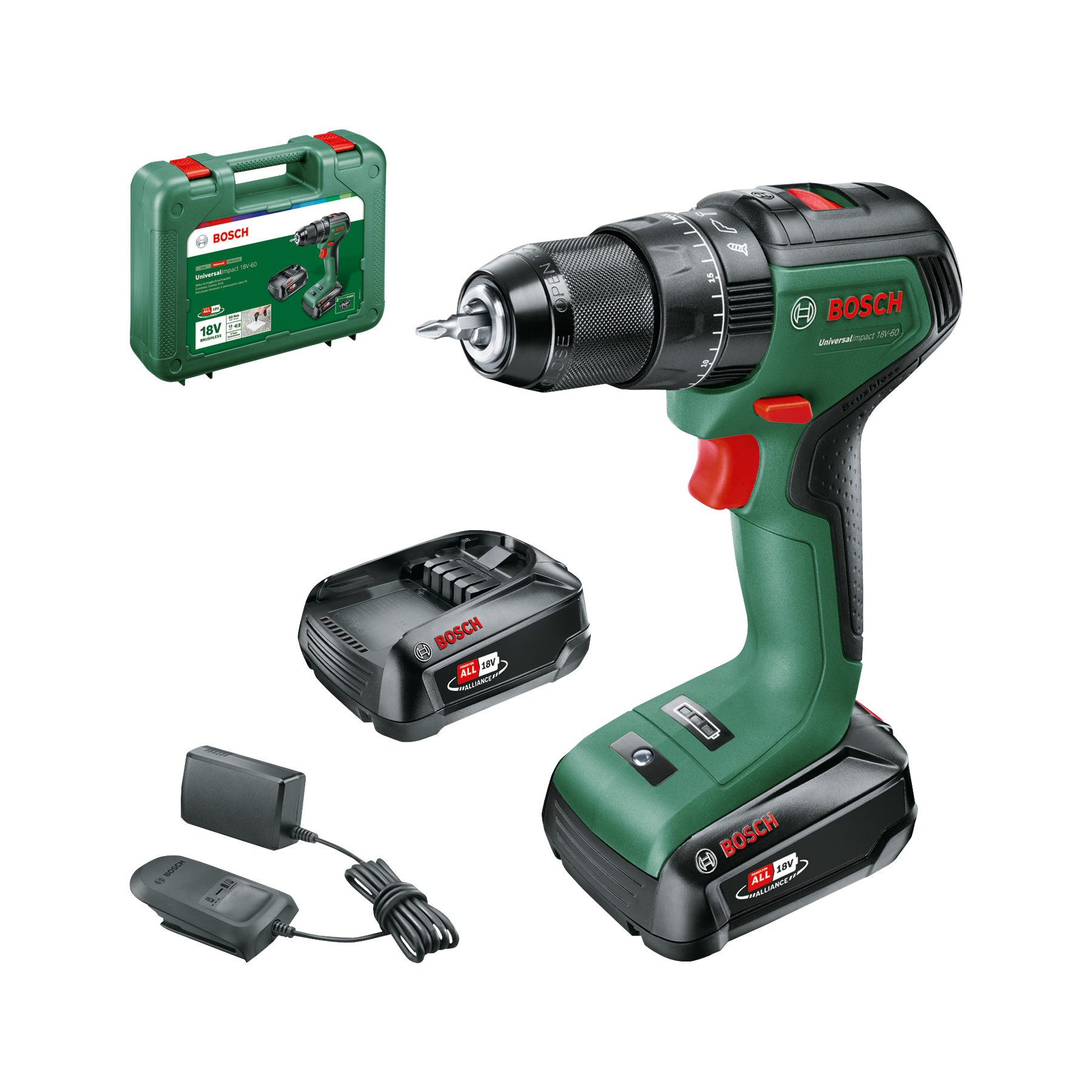 Bosch - Taladro percutor a batería UniversalImpact 18V-60 con motor brushless 60Nm, portabrocas metálico 13mm, 2 baterías 2.0Ah y maletín para uso en madera, metal y mampostería | 20 € DE REEMBOLSO