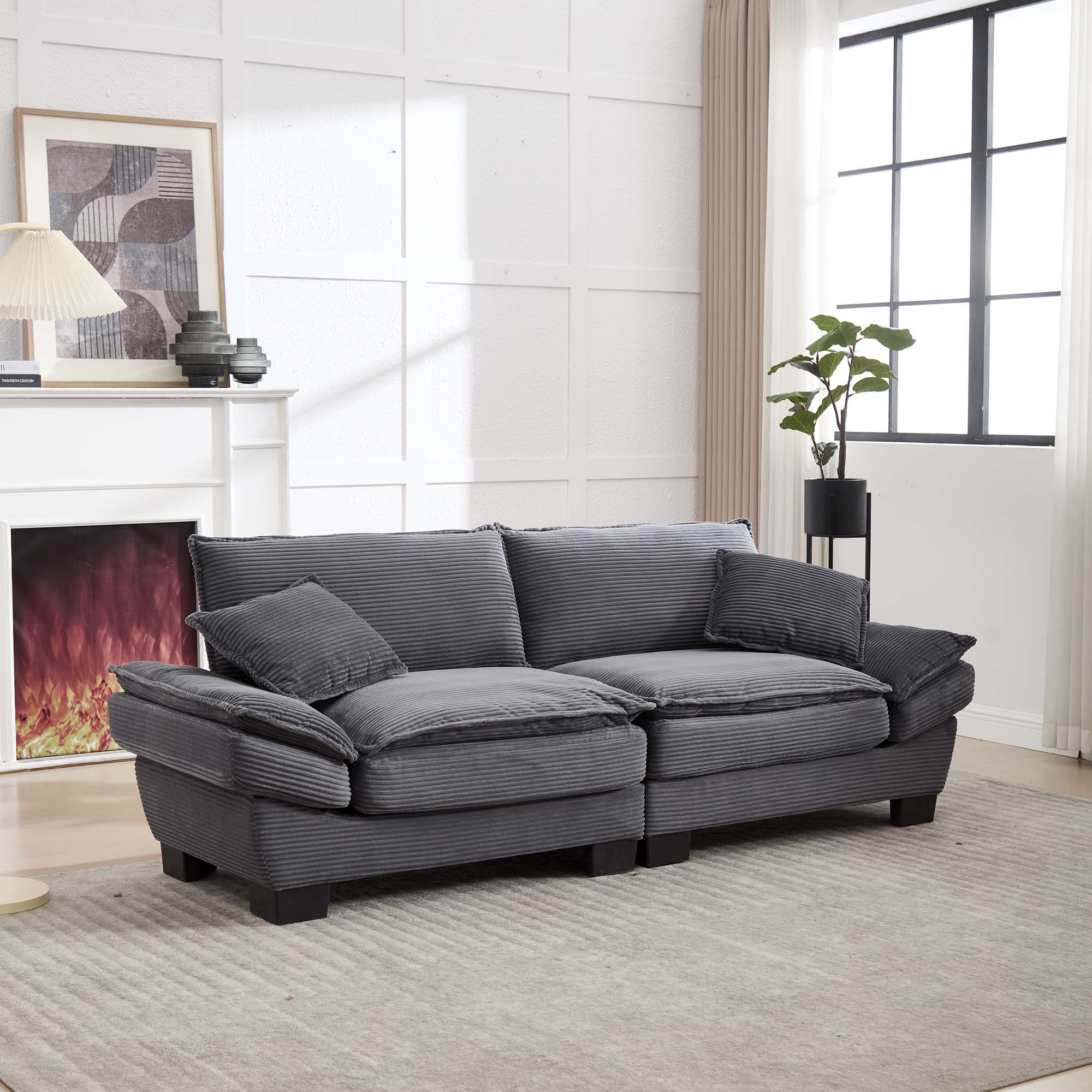 Canapé 2 places gris foncé en velours avec assise profonde, coussins et accoudoirs rembourrés