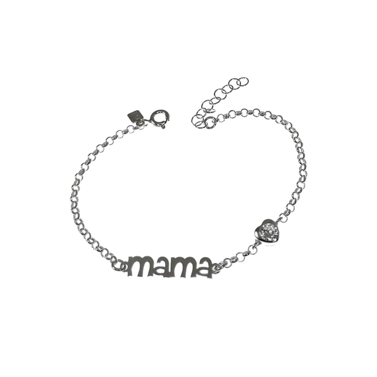 Pulsera plata Ley 925m cadena rolo 17cm. mensaje MAMÁ 25mm. detalle corazón 7mm. circonita cierre reasa