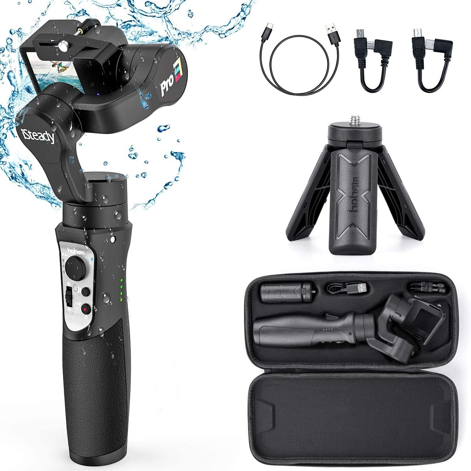 Hohem iSteadyPro 3 Estabilizador de cardán de Mano a Prueba de Salpicaduras de 3 Ejes Estabilizador para GoPro Hero 8, Gimbal para Gopro Cámaras Compatible con Go Pro Hero 8 7/6/5/4,dji Osmo Action,Insta360 One R, RX0, SJCAM, YI-CAM, Control WiFi