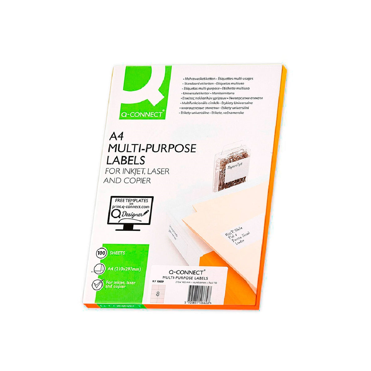 Q-CONNECT KF10659 - Caja 100 Hojas DIN A4 de 8 Etiquetas Adhesivas 105x74 mm Copia Laser InkJet Blancas