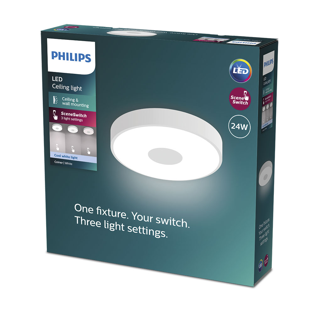 Philips Coiner - Plafond Techo con SceneSwitch, redondo, 24W, 2800Lm, 4000K, blanco, IP20