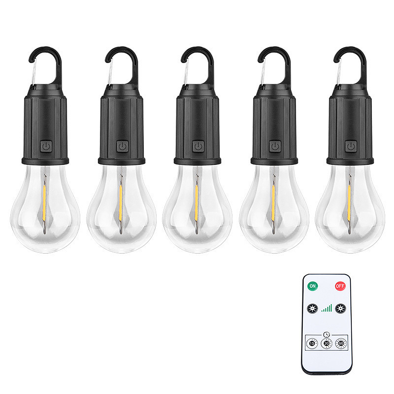 DAM Set de 5 bombillas LED con gancho para colgar, batería recargable, control remoto con temporizador e intensidad. 6x6x17,5 Cm. Color: Negro